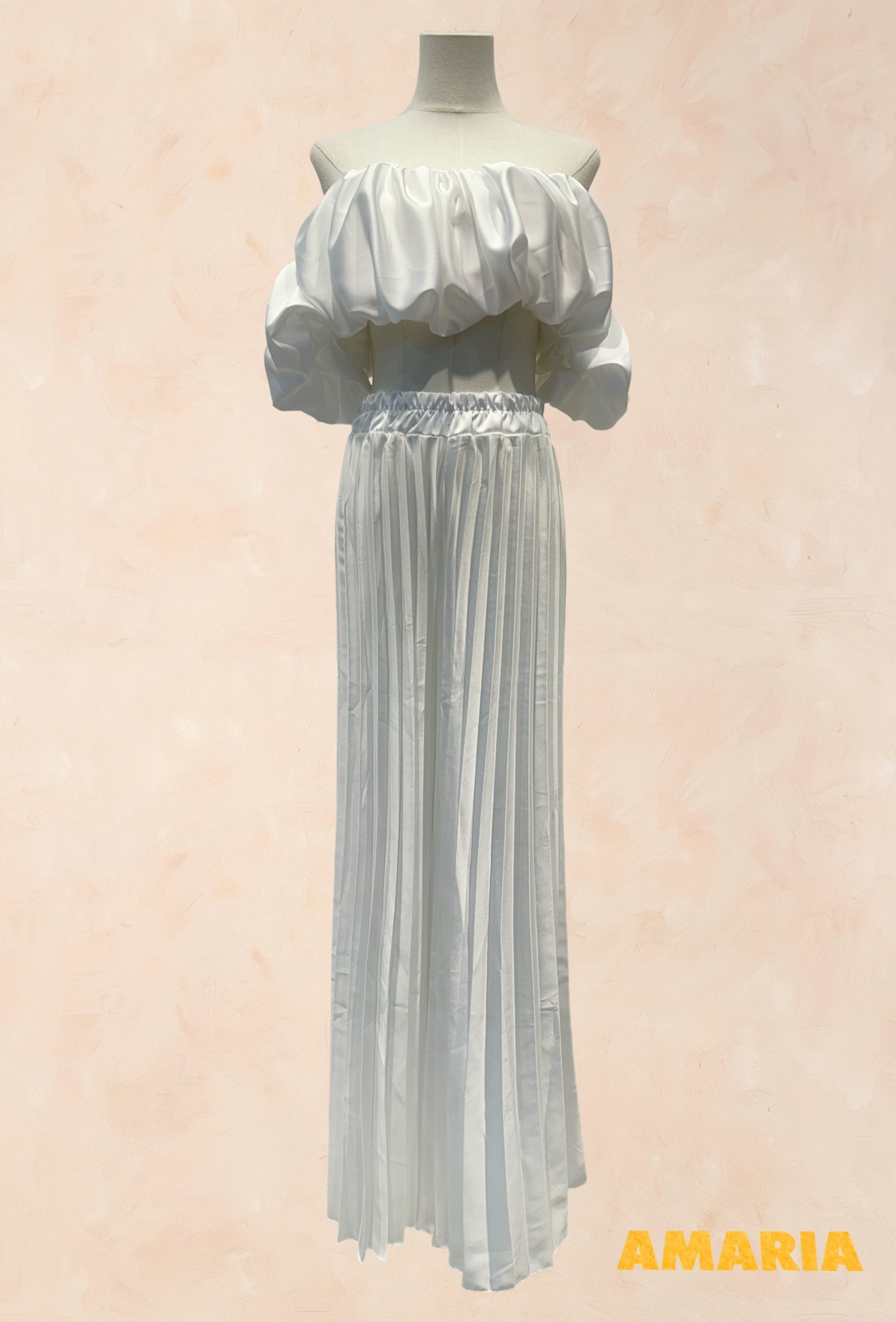 Großhändler AMARIA - Obere kurze Schultern nackte Schultern geschwollene Ärmel Faltenhosen Satin Satin