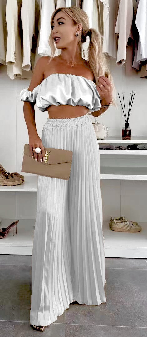 Wholesaler AMARIA - Top short shoulders bare shoulders puffy sleeves pleated pants satin