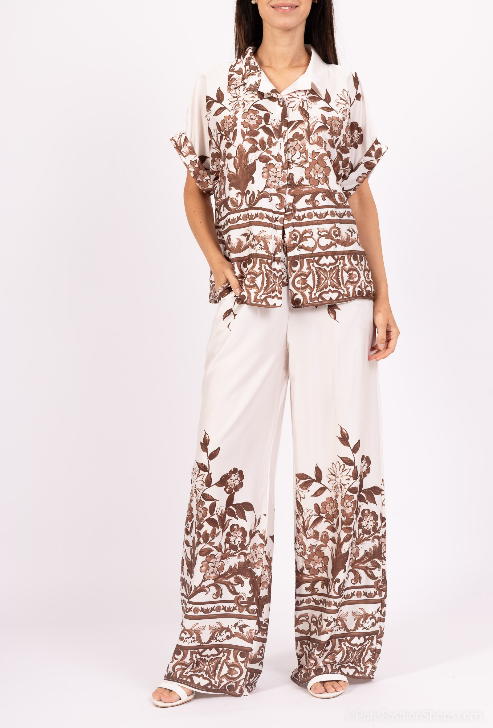 Grossiste AMARIA - Ensemble Femme Imprimé Floral Marron – Élégance Décontractée et Style Raffiné