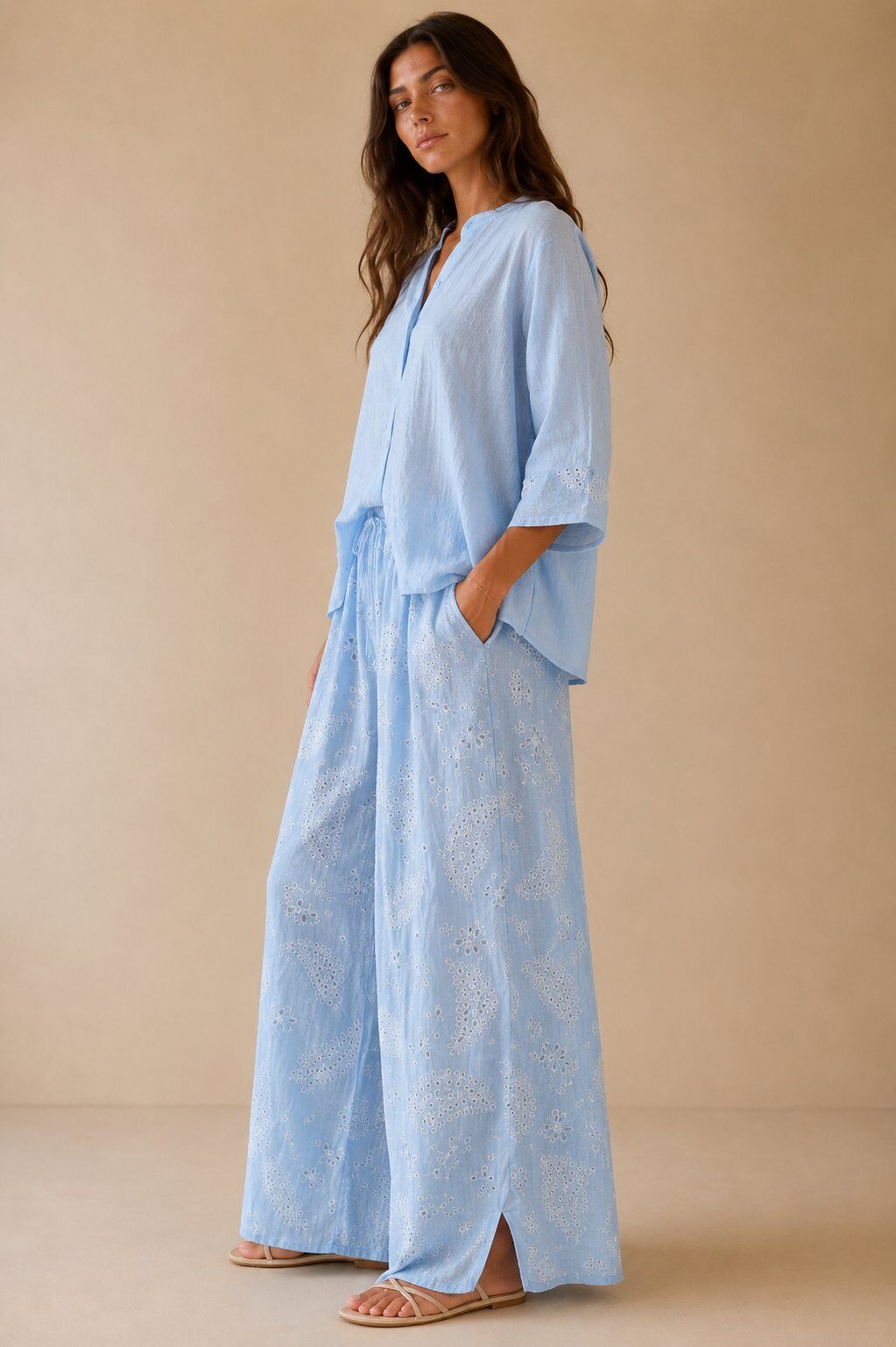 Wholesaler AMARIA - Flowy shirt and wide embroidered pants set in boho-chic style - LYOCELL