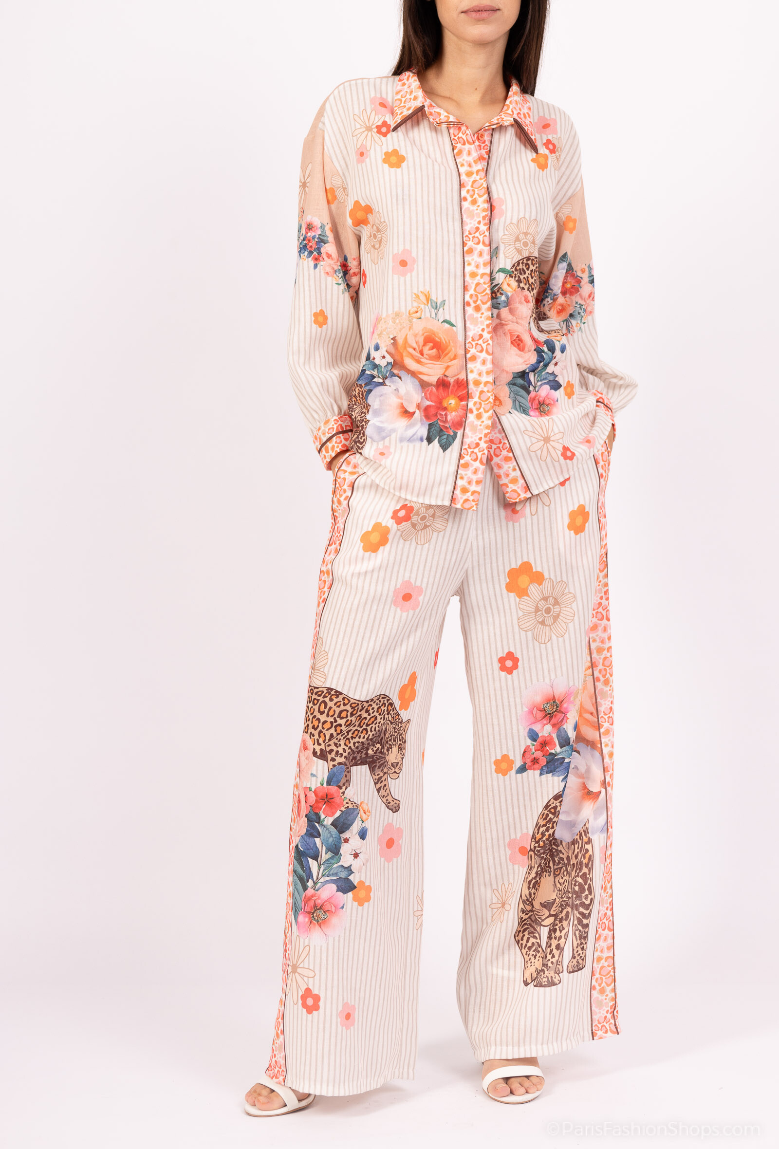 Grossiste AMARIA - Ensemble Femme Pantalon et Chemise Imprimé Léopard & Fleurs – Style Chic et Audacieux