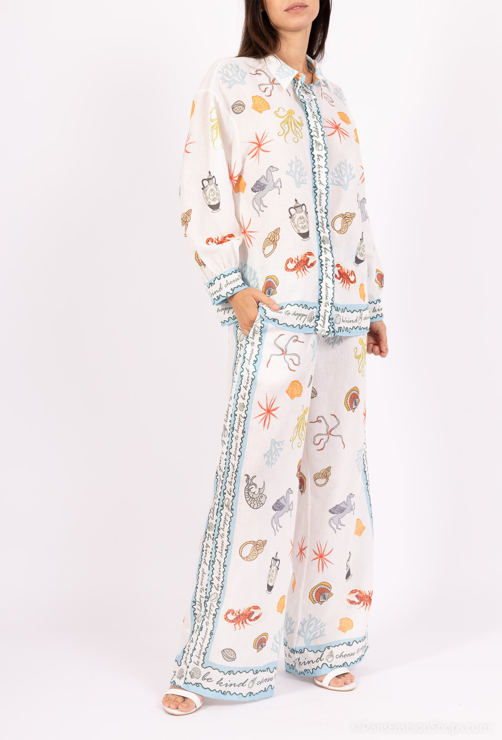 Grossiste AMARIA - Ensemble chemise manches longues pantalon taille elastique motifs marin été