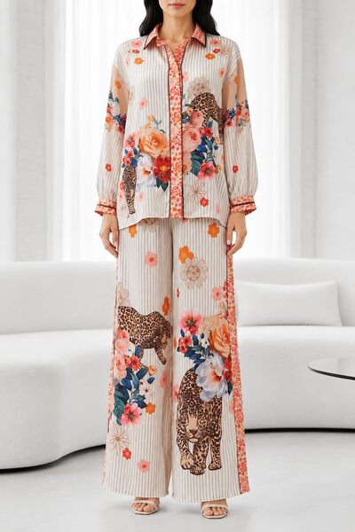Grossiste AMARIA - Ensemble coordonné original, pantalon palazzo fluide et d'une chemise à manches longues Grossiste AMARIA - Ensemble coordonné original, pantalon palazzo fluide et d'une chemise à manches longues