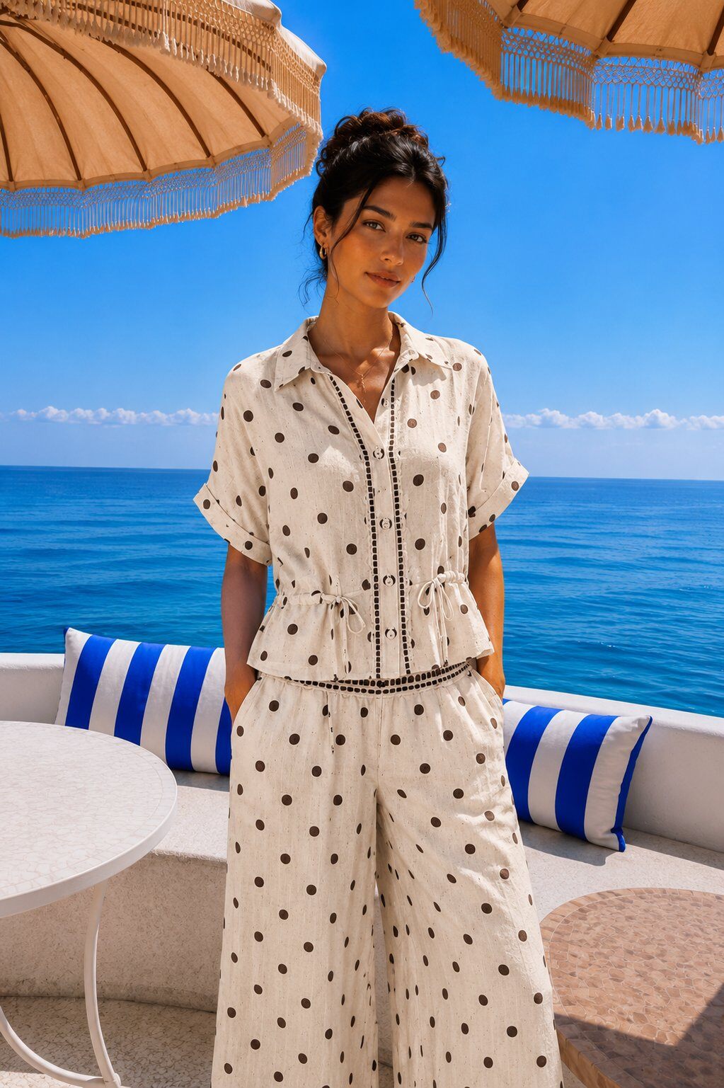 Grossiste AMARIA - Ensemble Chemise & Pantalon Large Imprimé Pois – Lin