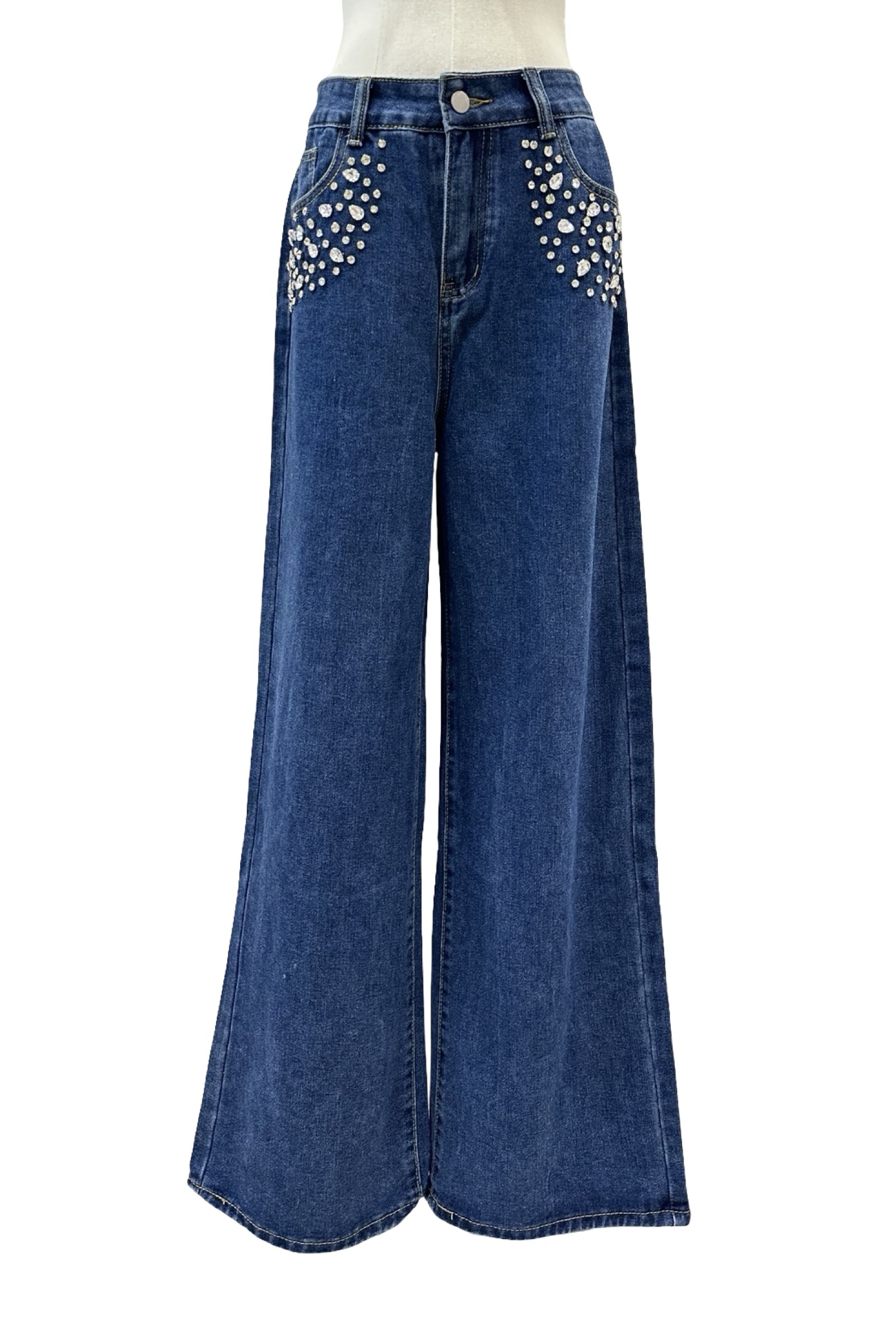 Grossiste AMARIA - Jean Wide Leg à Strass – Bleu Denim - COTON