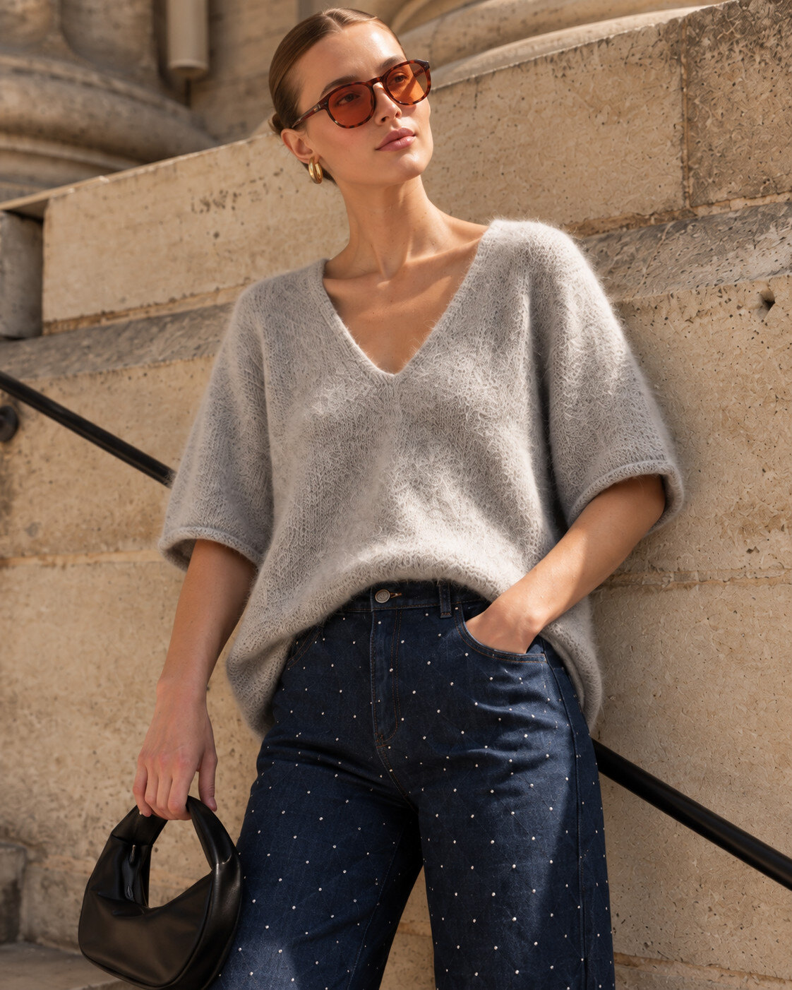 Großhändler AMARIA - V-Ausschnitt Kurzarm-Pullover - ALPAKA/ WOLLE