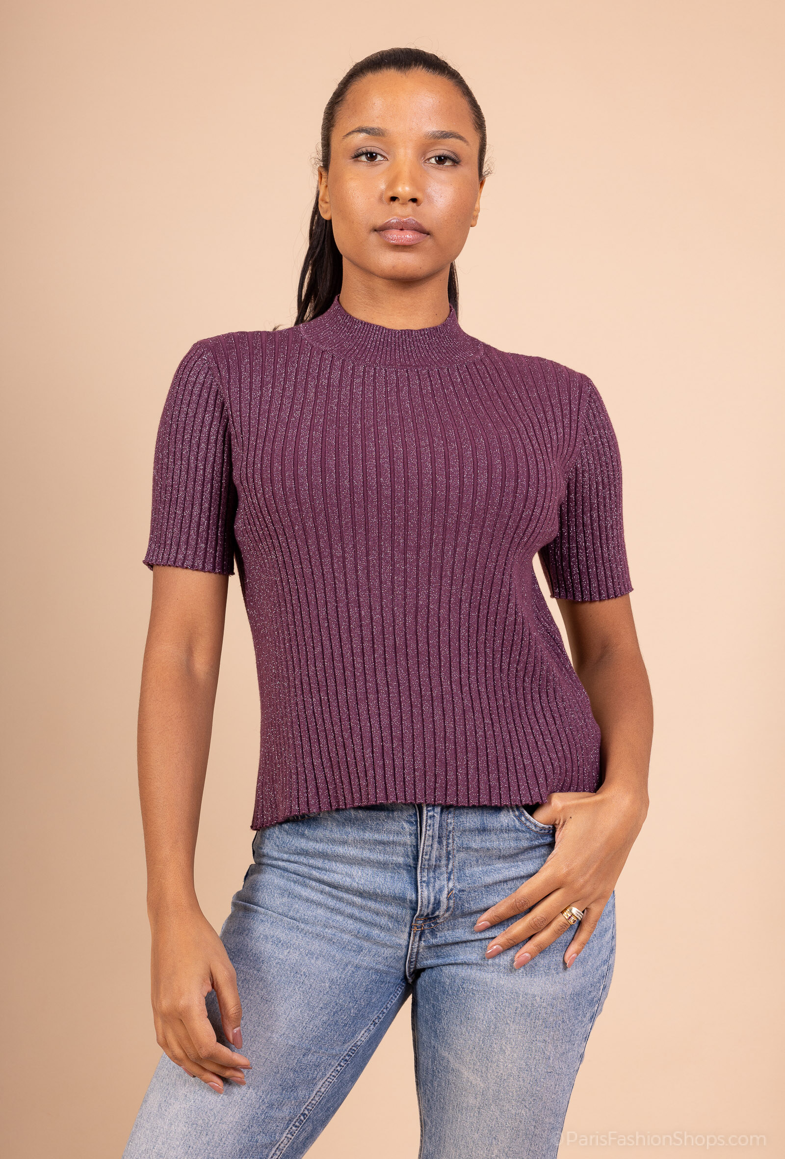 Grossiste AMARIA - Pull Femme Manches Courtes – Maille Côtelée Lurex – Col Montant – Coupe Ajustée - VISCOSE