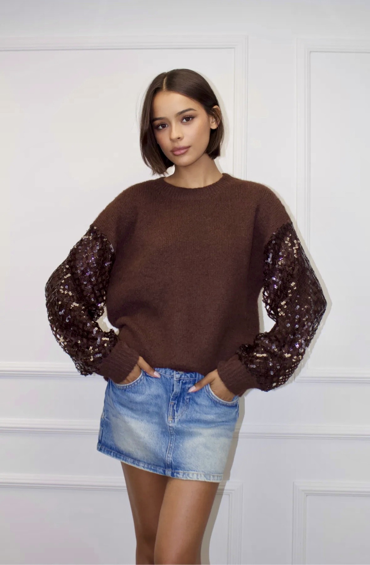 Grossiste AMARIA - Pull gris manches sequins fêtes - Polyamide