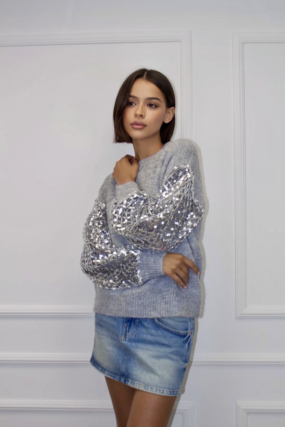 Wholesaler AMARIA - Grey sweater with sequin sleeves for parties - Polyamide