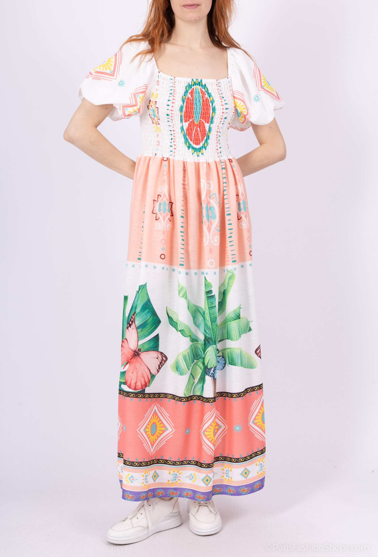 Grossiste AMARIA - Robe épaules bouffantes imprime coloré style mexican latina