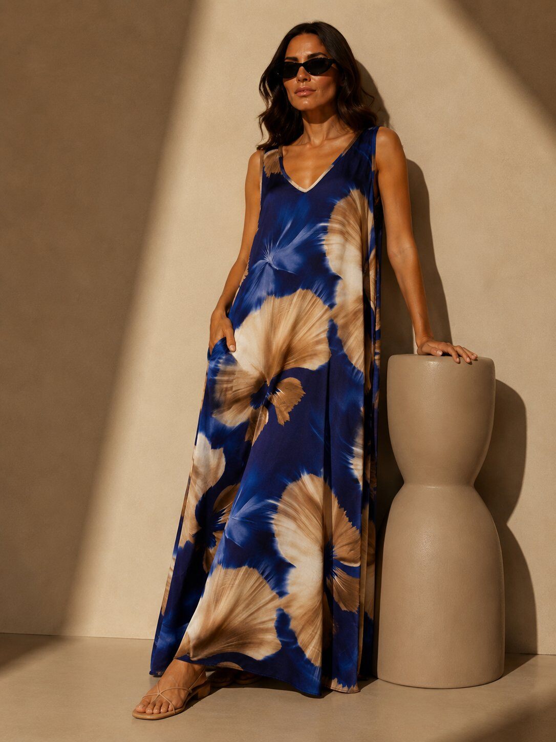 Mayorista AMARIA - Vestido Largo Mujer Fluido – Sin Mangas – Estampado Floral – Escote en V Delantero y Trasero - VISCOSA
