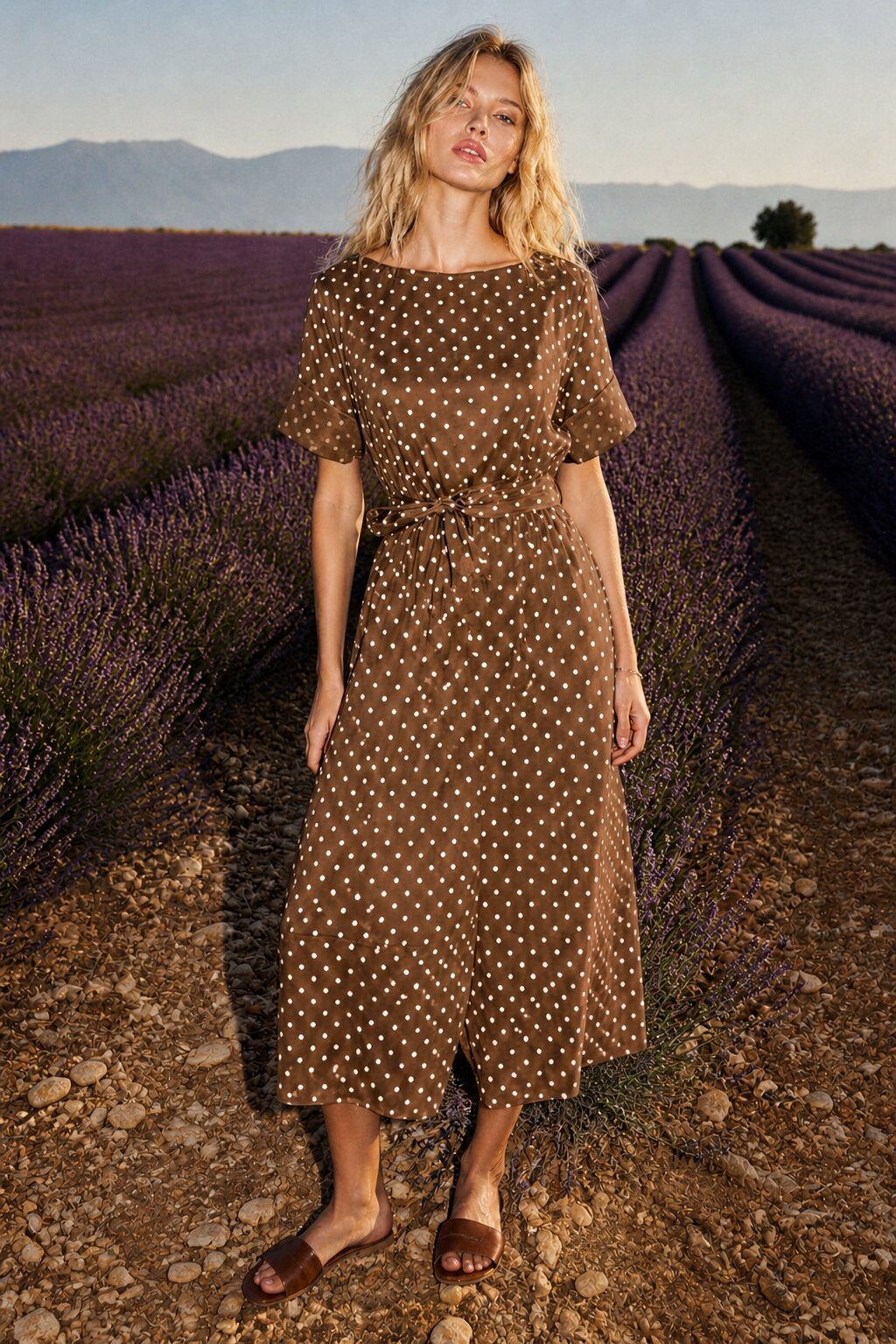 Mayorista AMARIA - VESTIDO LARGO FLUIDO ESTAMPADO DE LUNARES – CON CINTURÓN – ALGODÓN