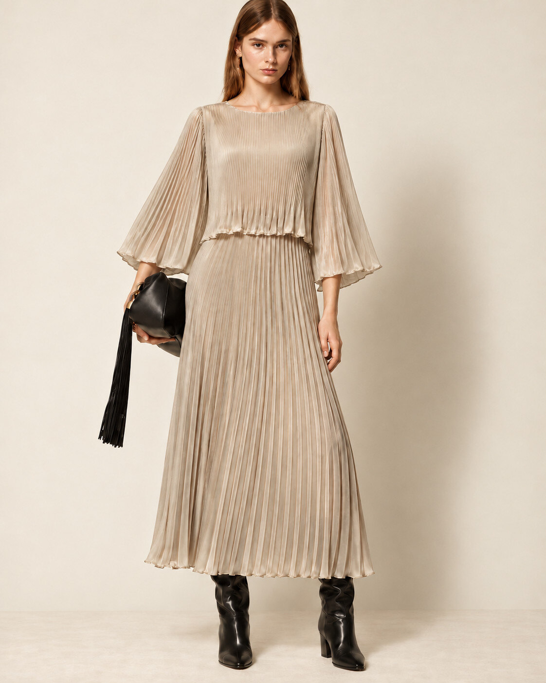 Großhändler AMARIA - Damen Midi Plissiertes Kleid – Rundhalsausschnitt – Ausgestellte Kurze Ärmel – Elegante Fließende Passform - Viskose