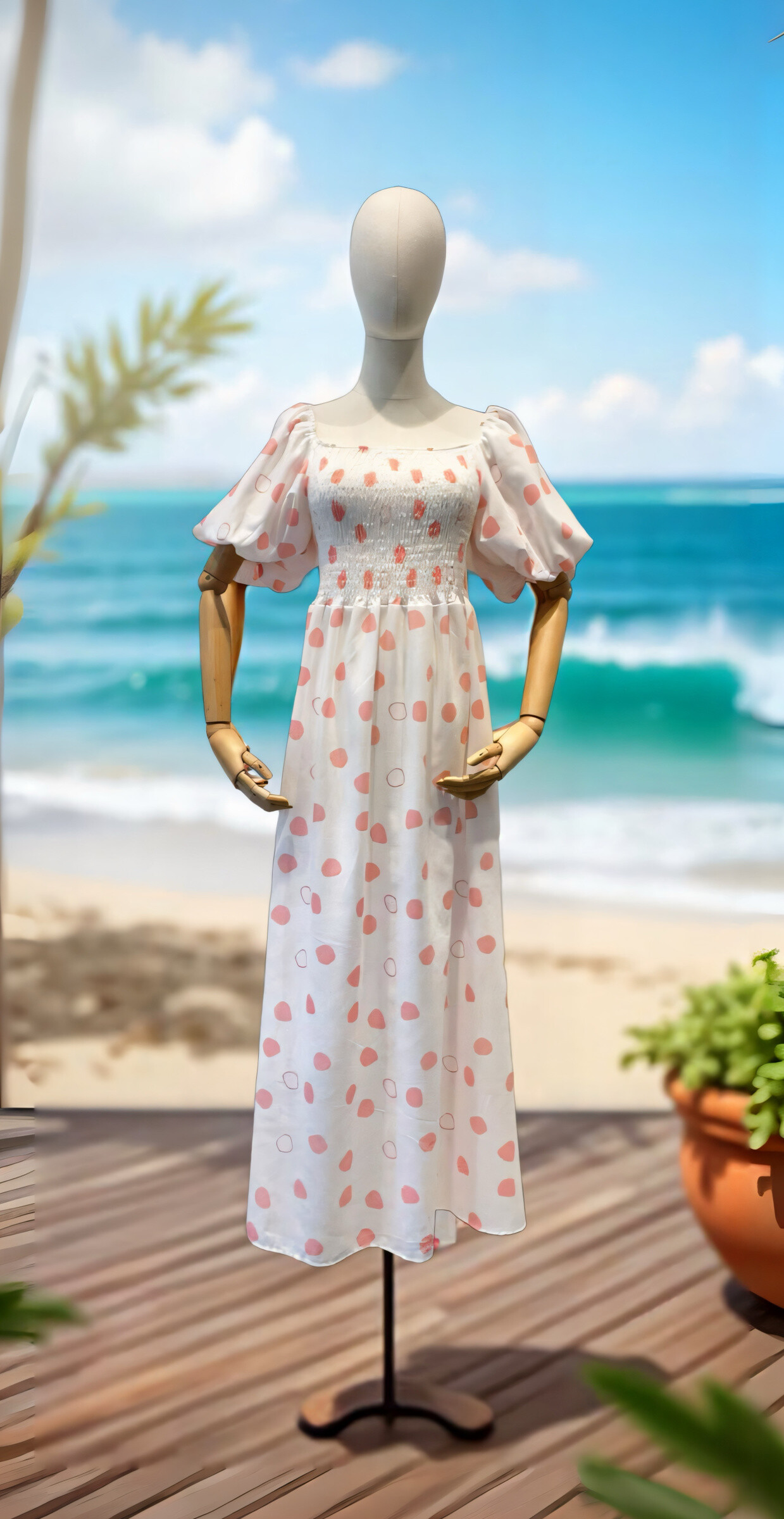 Vestido largo con mangas hinchadas Busto de humo verano - Rosado - 2 - formato grande