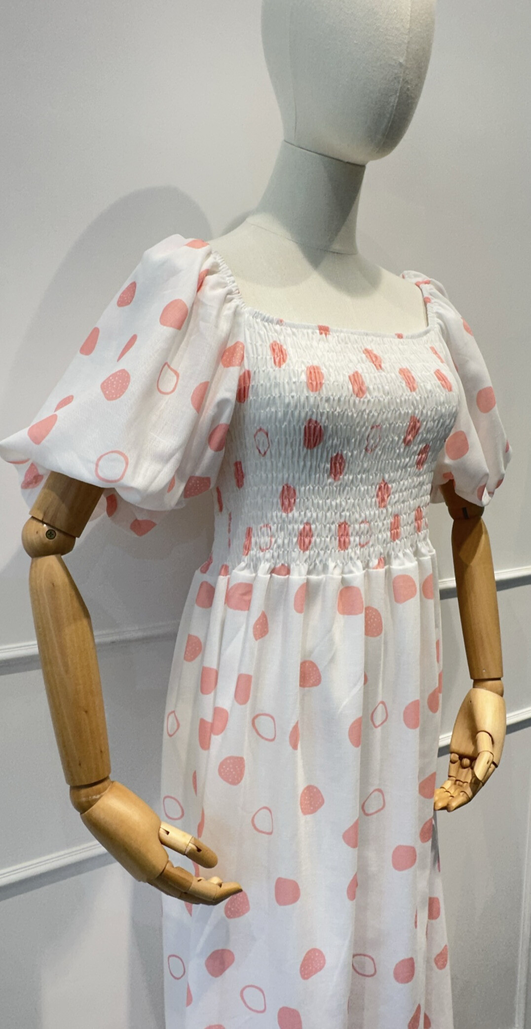 Vestido largo con mangas hinchadas Busto de humo verano - Rosado 3 - miniatura