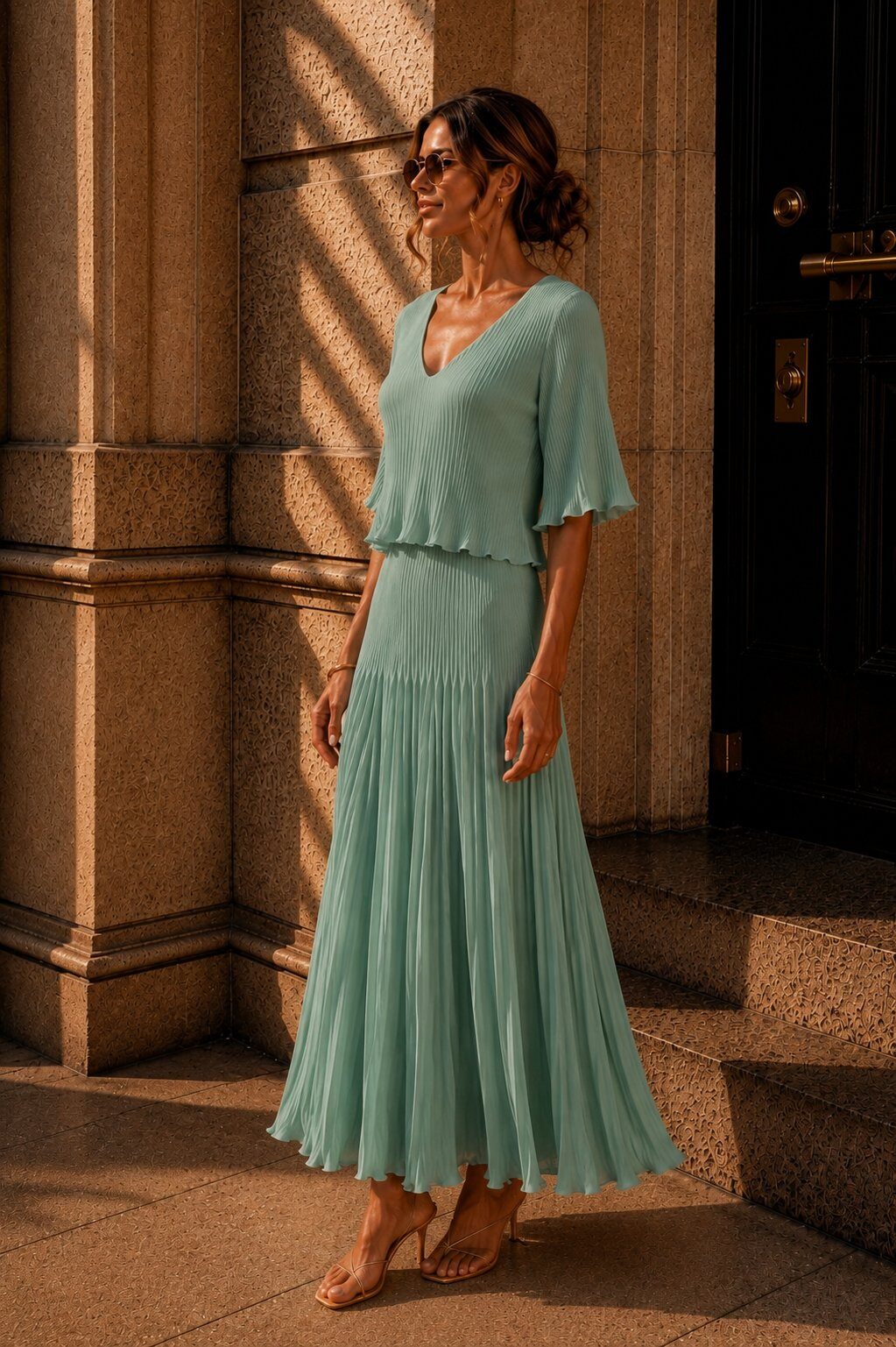Wholesaler AMARIA - Women's Long Pleated Dress – V-Neck – Flared Sleeves – Elegant Flowing Fit - VISCOSE