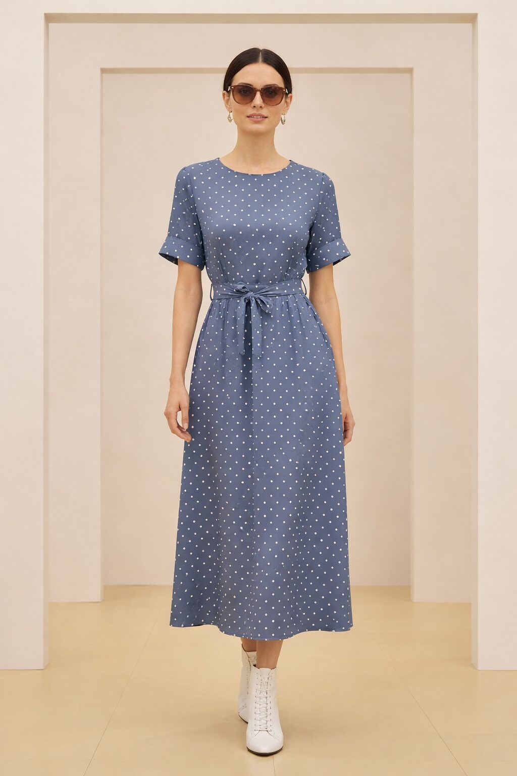 FLOWY LONG POLKA DOT DRESS  BELTED  COTTON | Paris Fashion Shops