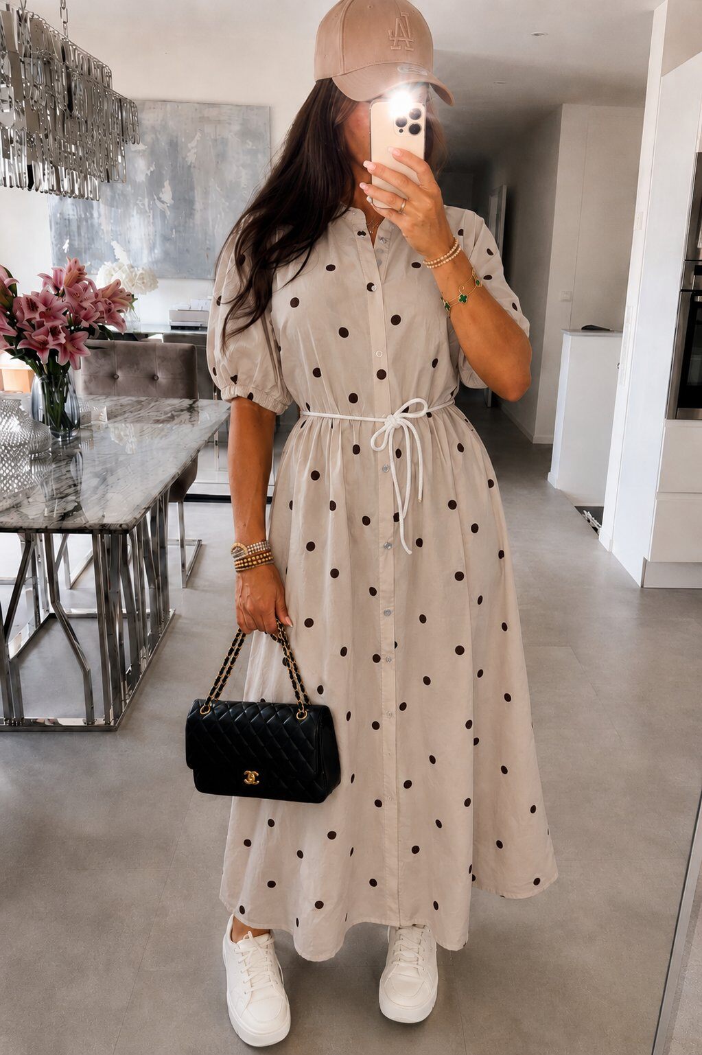 Grossiste AMARIA - Robe chemise midi femme à pois manches bouffantes et ceinture corde - 100% COTON
