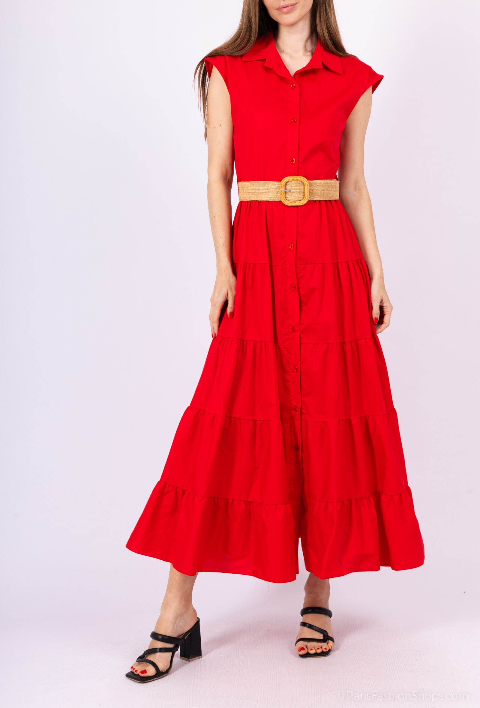 Grossiste AMARIA - Robe chemise longue sans manches ceinture