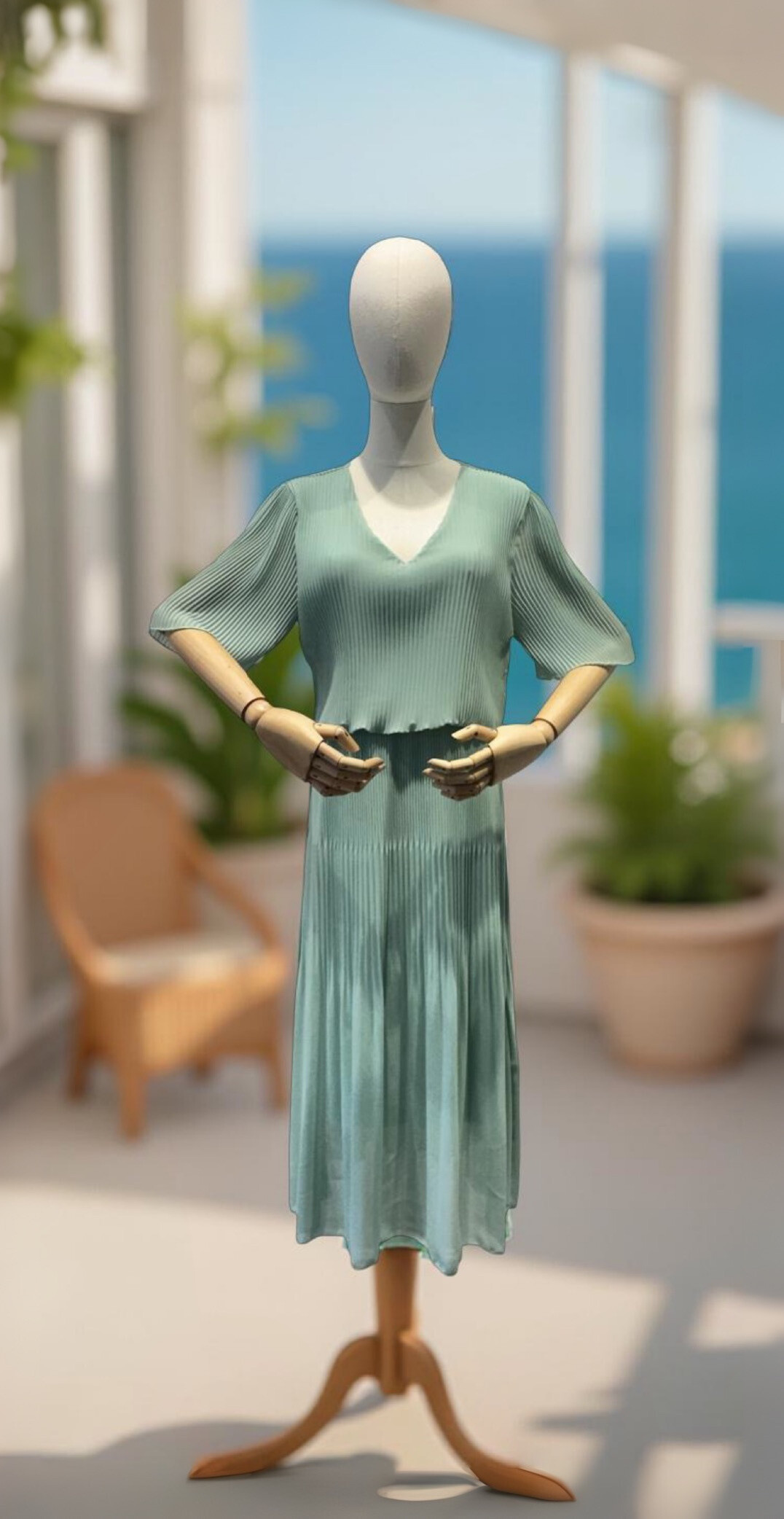 Wholesaler AMARIA - Long pleated dress short sleeves V -neck
