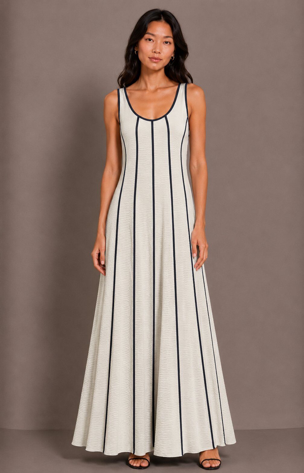 Wholesaler AMARIA - Women's Long Black Flowing Dress – White Contrasting Details – Flared Cut – Made in Italy