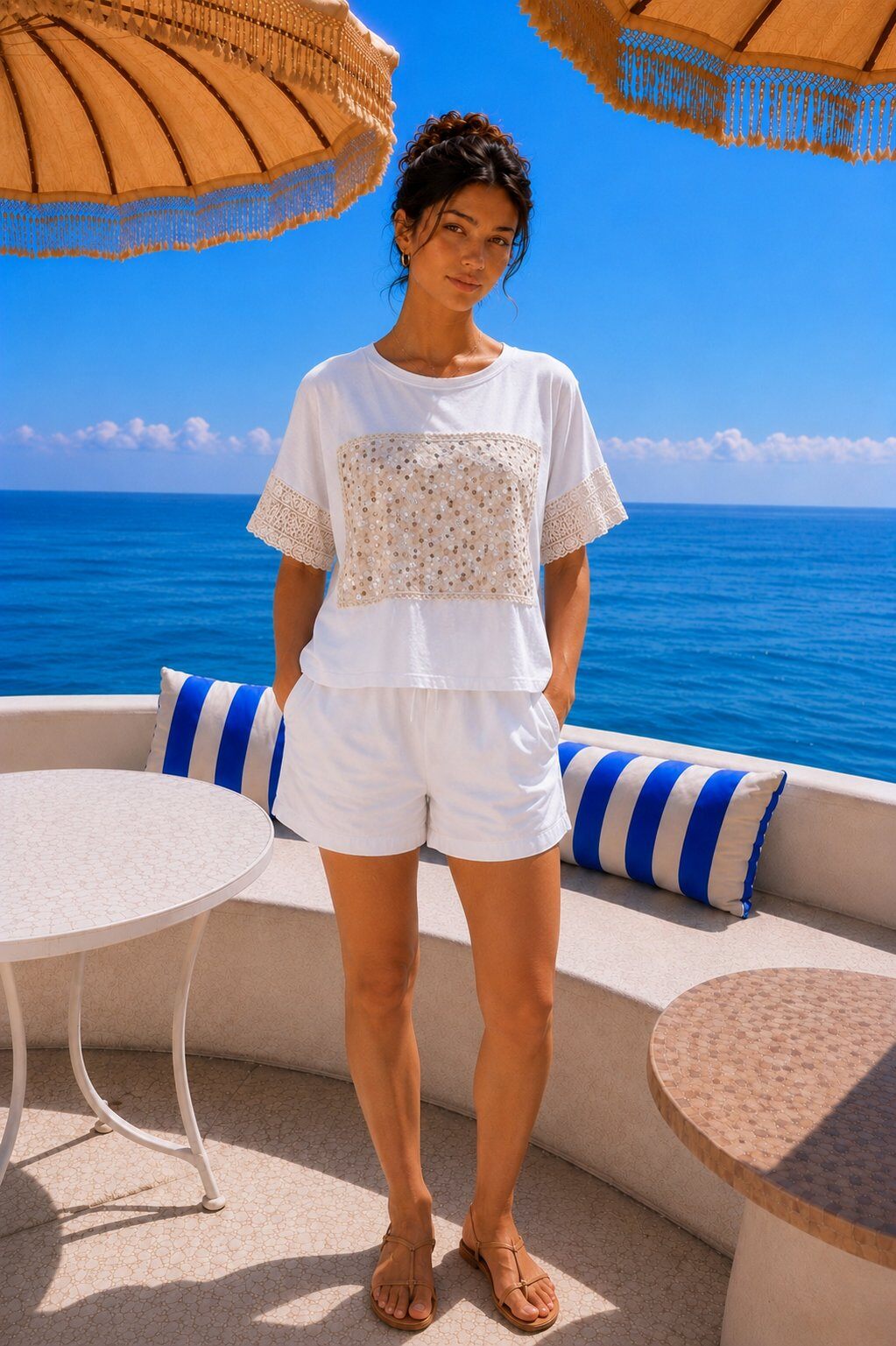 Grossiste AMARIA - T-shirt à Empiècement Pailleté – Made in Italy - COTON