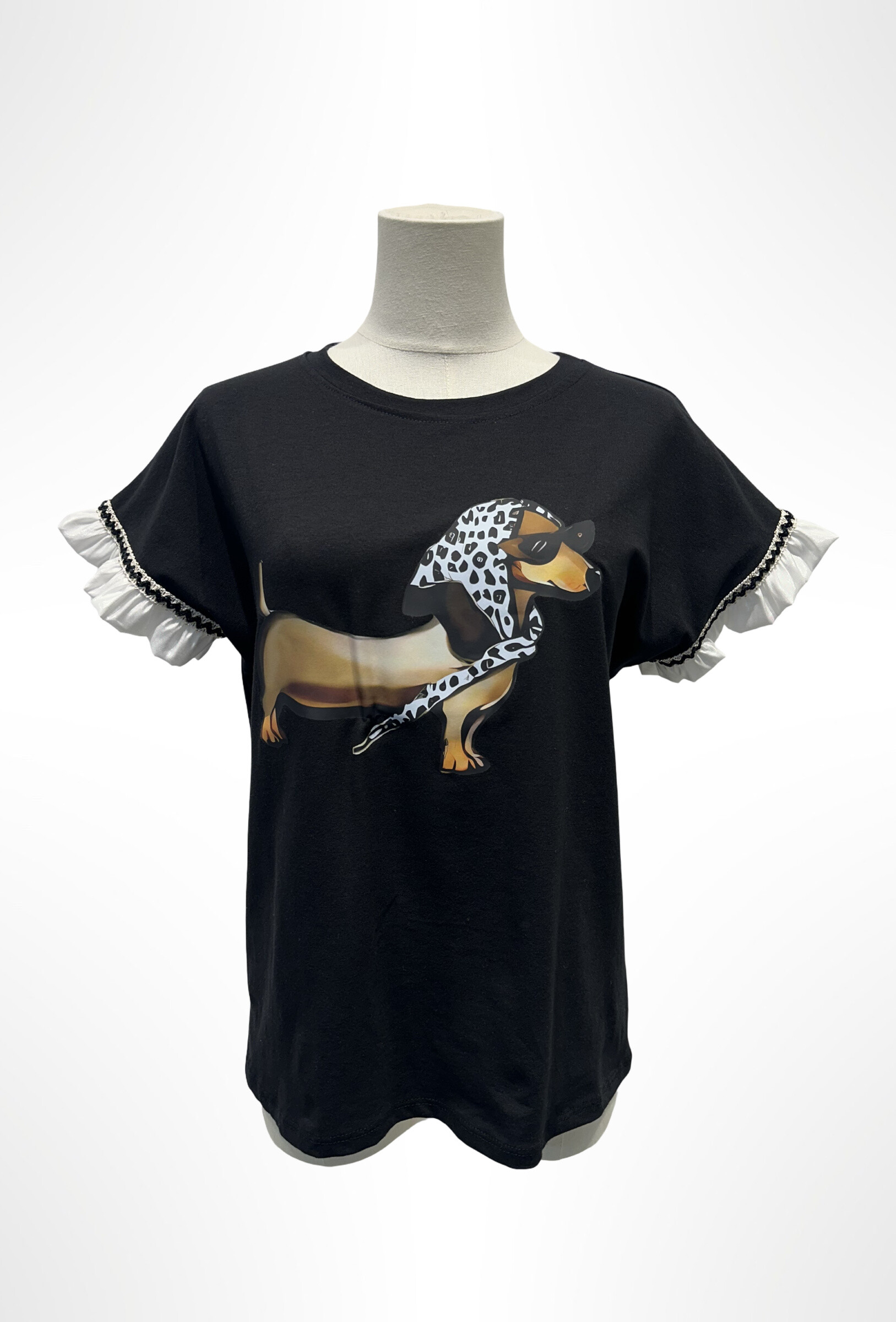 Grossiste AMARIA - T-shirt noir imprimé chien sausage dog avec manches volants
