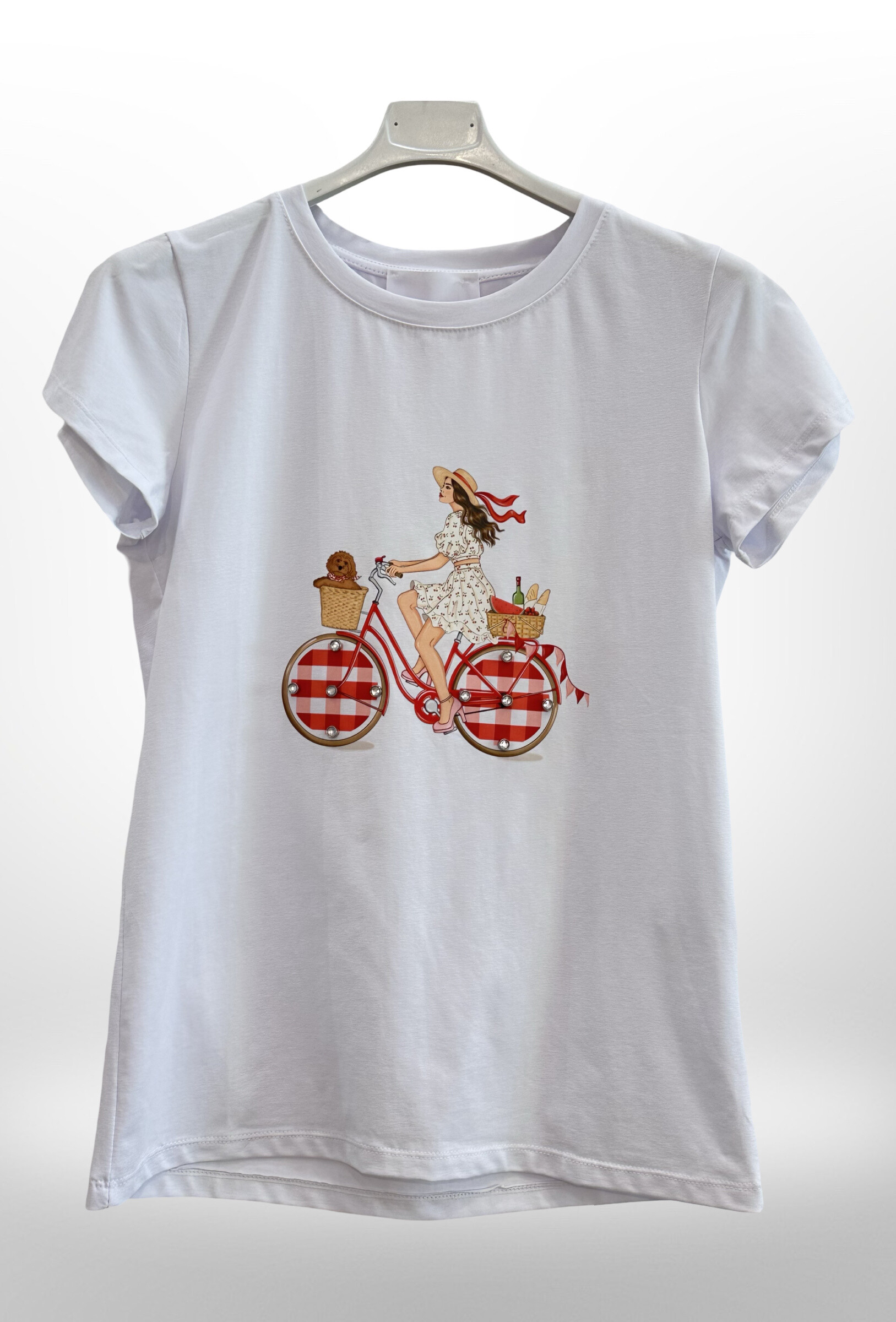 Grossiste AMARIA - T-shirt blanc manches courtes bicyclette, petits diamants brodés