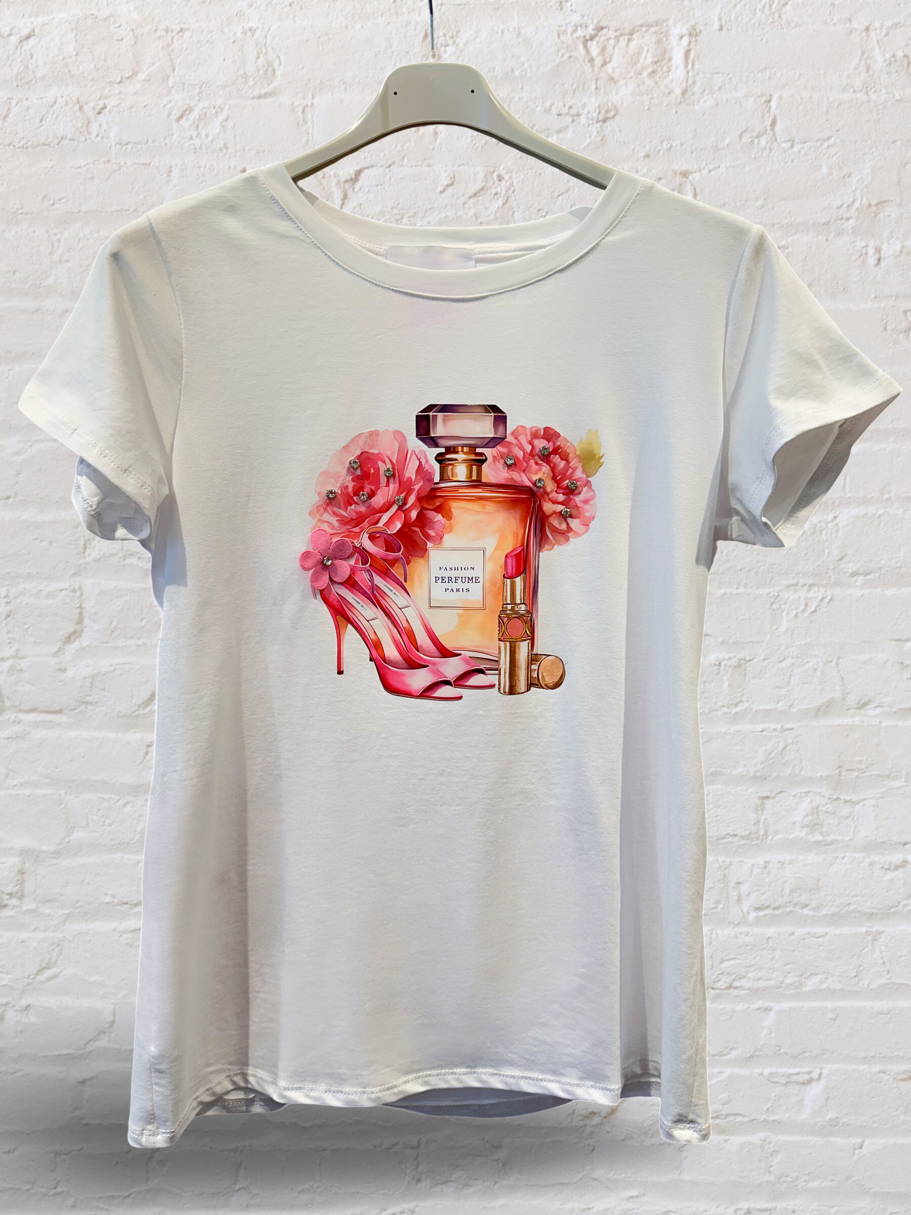 Wholesaler AMARIA - Perfume white t-shirt short sleeves perfume, small embroidered diamonds