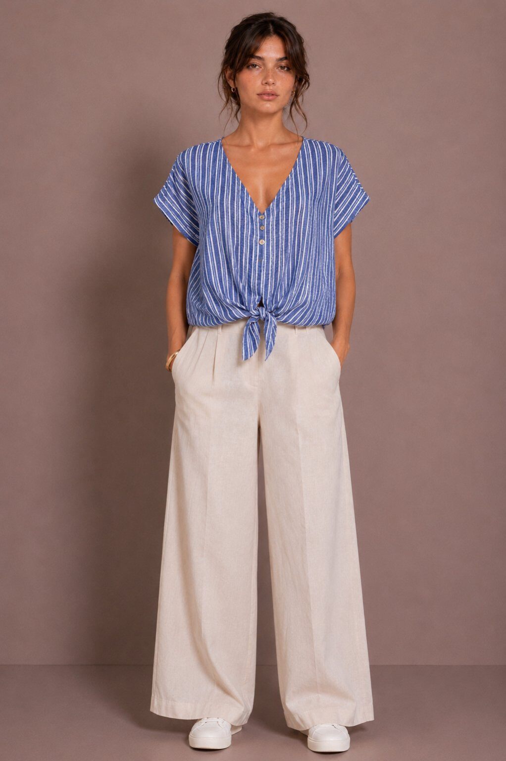 Grossista AMARIA - Top a Righe da Donna – Casual e Annodato in Vita - COTONE/ LINO