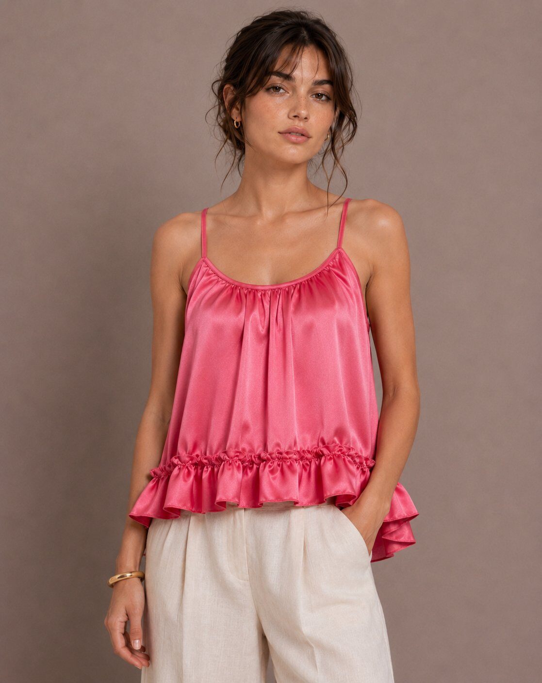 Wholesaler AMARIA - Women's Long Black Satin Top – Thin Straps – Loose Fit with Ruffle – Made in Italy