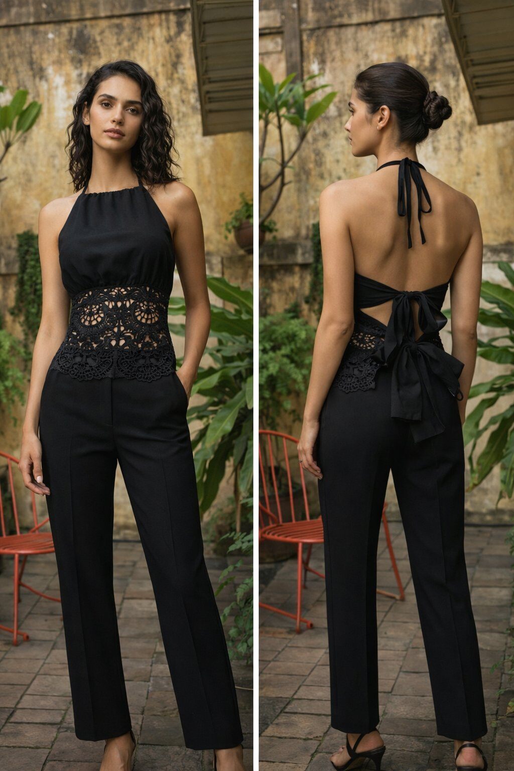 Grossiste AMARIA - Top Dos Nu Femme Noir – Dentelle Guipure – Col Halter – Coupe Ajustée – Style Chic Soirée - 100% COTON