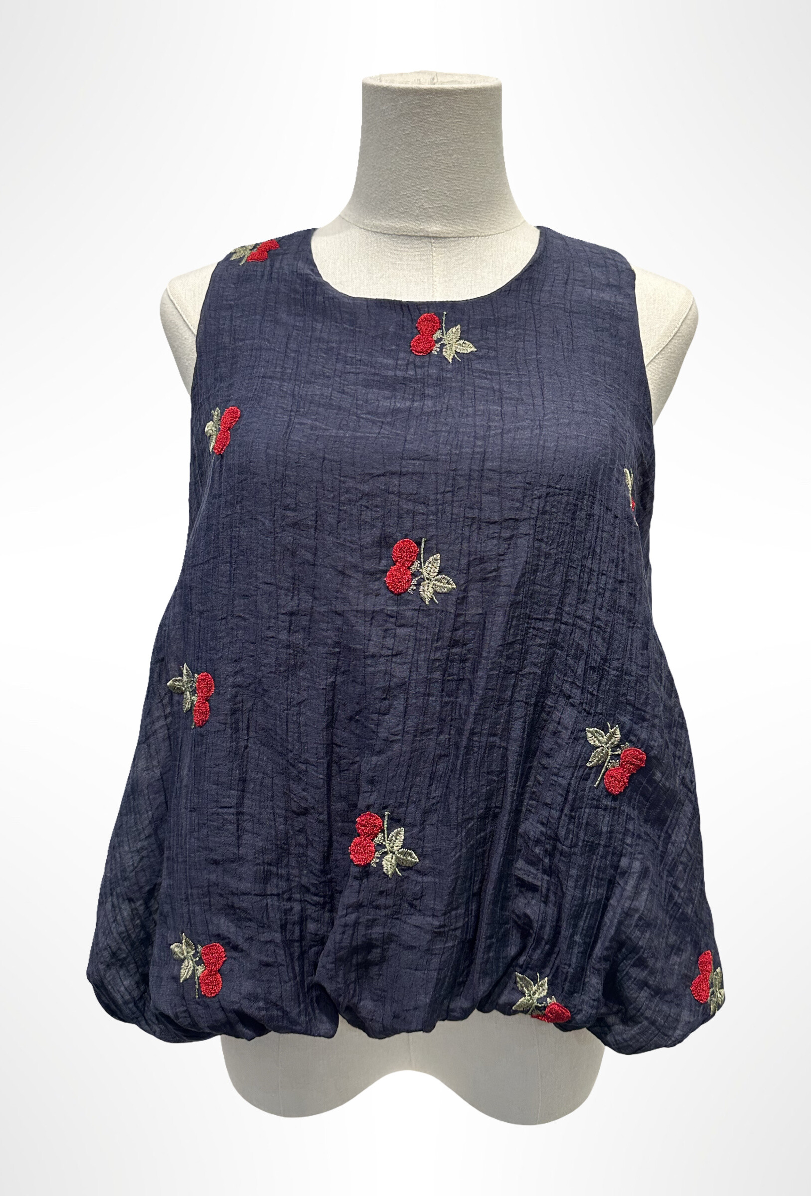Grossiste AMARIA - Top fluide et léger sans manches, broderies cerises rouges