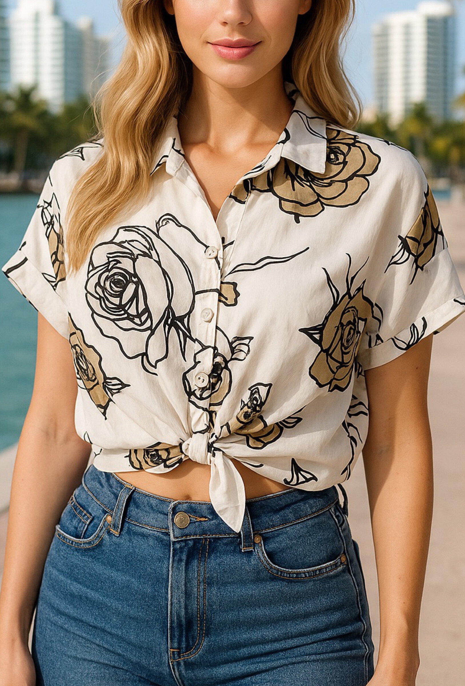 Grossiste AMARIA - Chemise nouée à imprimé floral graphique – Léger & expressif