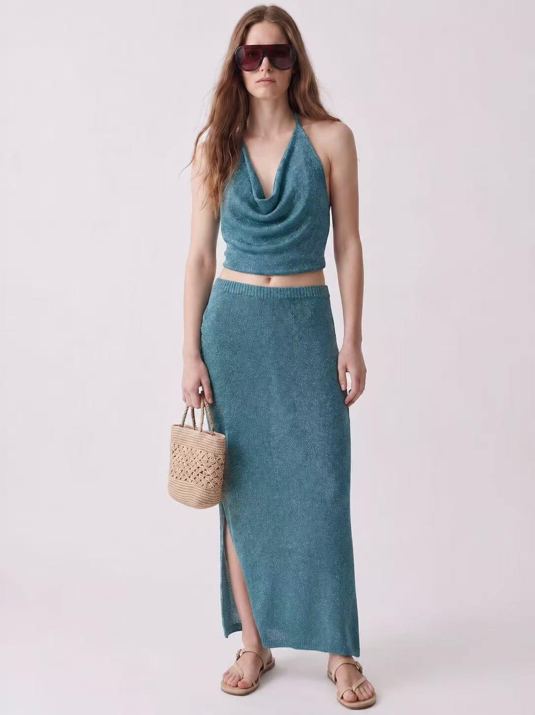 Mayorista Amelé - Conjunto de Top Halter de Lurex y Falda Larga