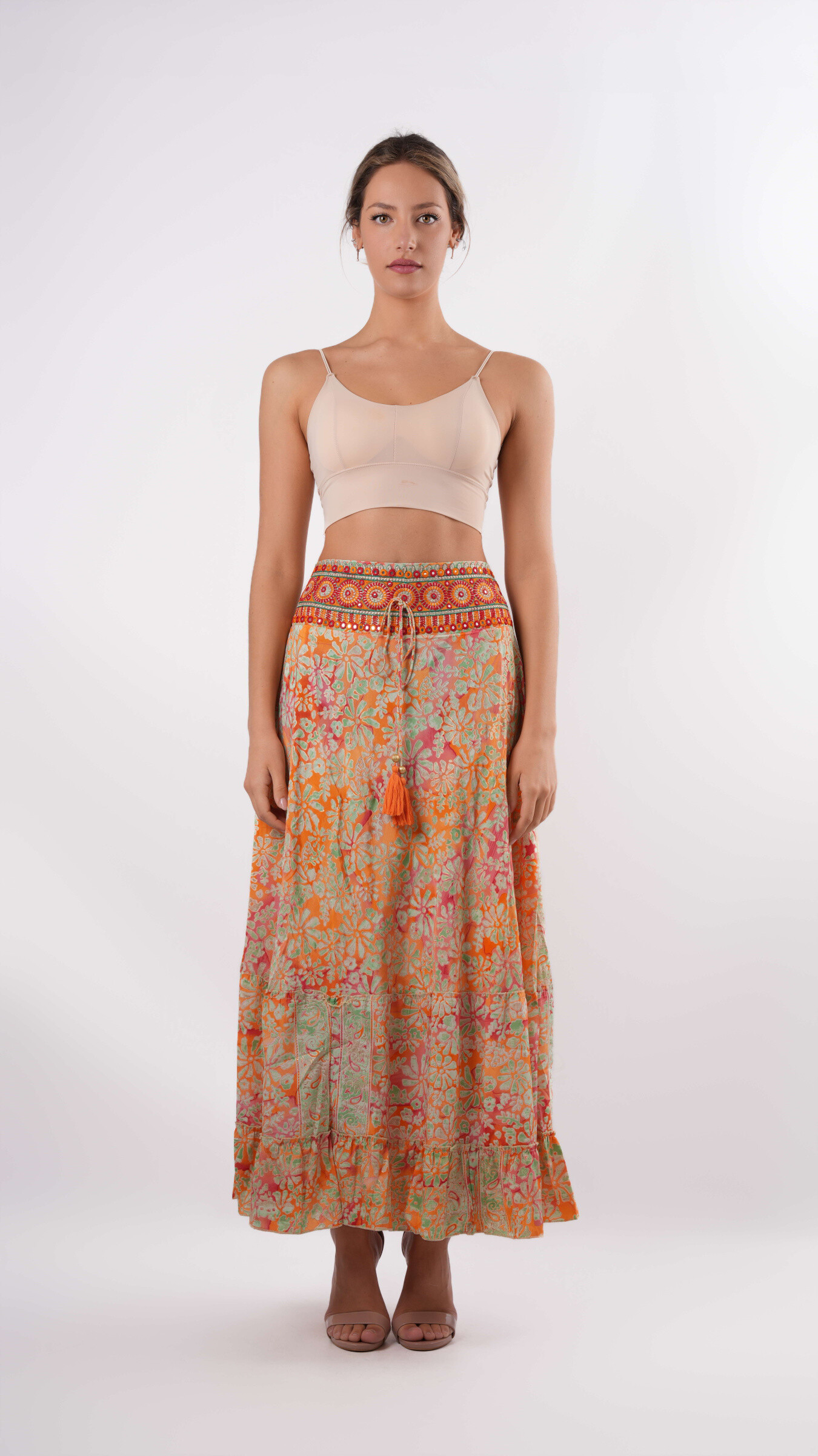 Wholesaler Amele - Long Boho skirt with floral print and embroidered band