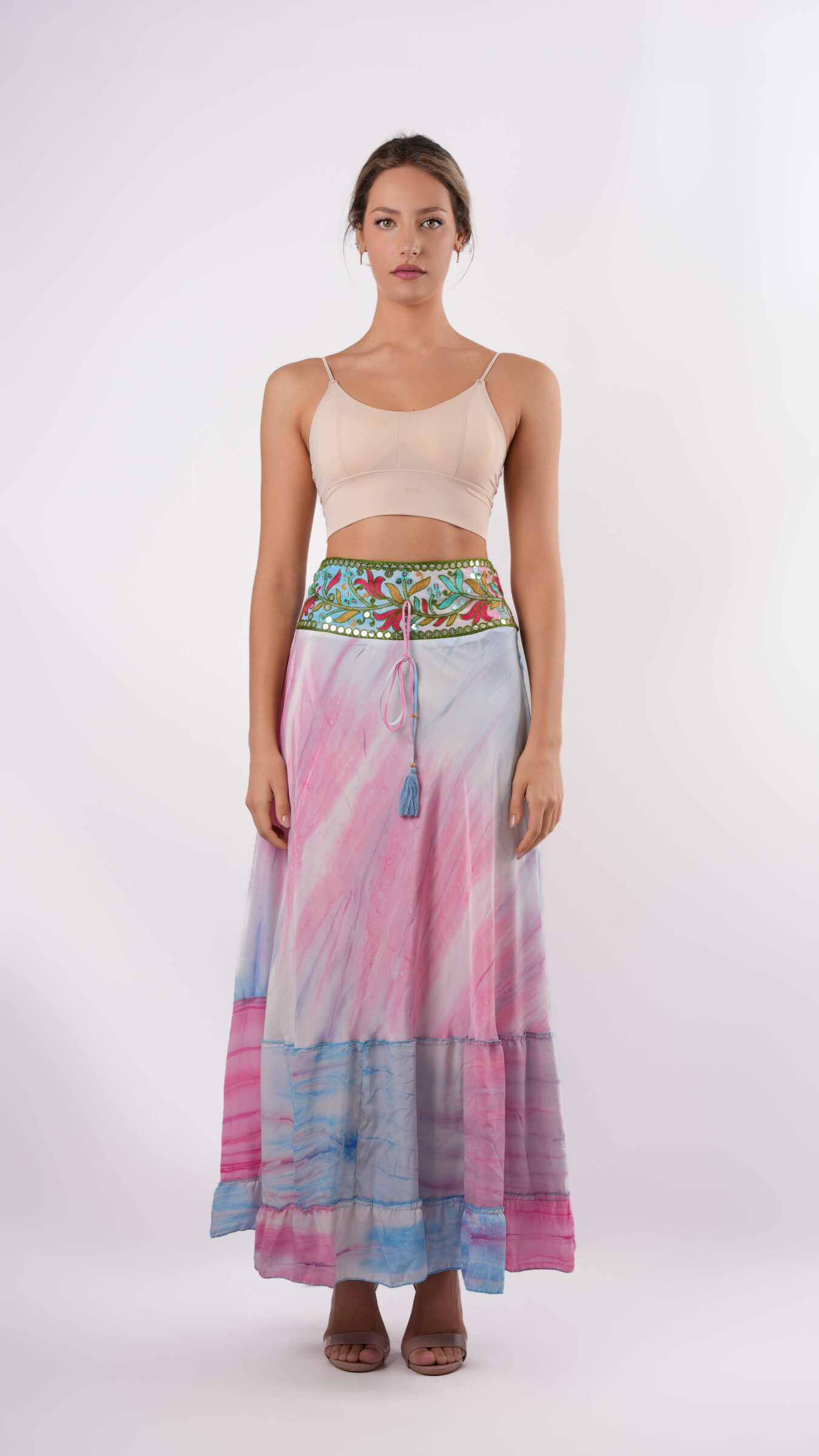 Großhändler Amele - Langer Boho-Tie-Dye-Rock mit gestickter Band