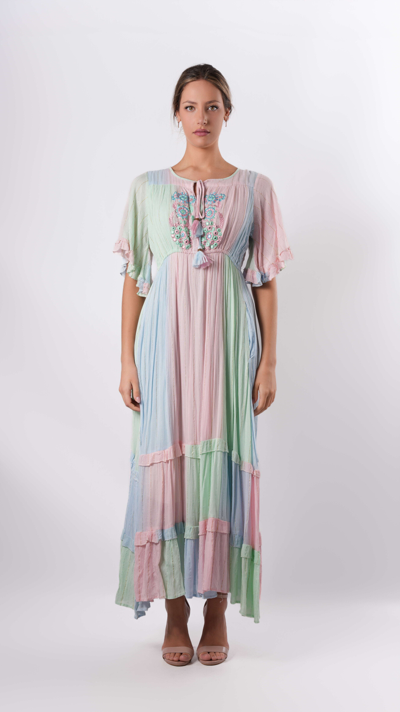 Großhändler Amele - Multicolor -Boho -langes Kleid mit blumiger Stickerei