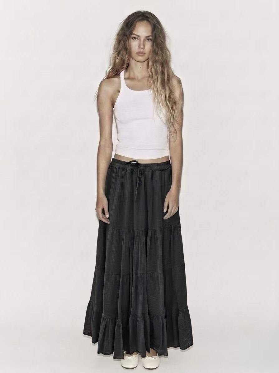 Wholesaler Amelé - Flowy long tiered skirt with elastic waistband