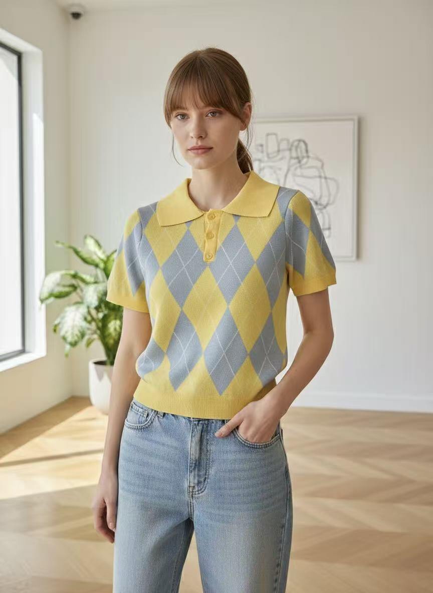 Grossiste Amelé - Pull en maille fine avec motif losanges et col polo