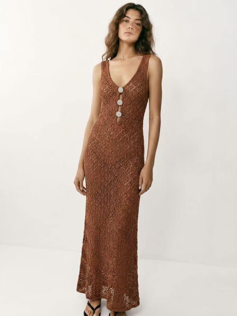 Wholesaler Amelé - Long open-knit dress with decorative buttons