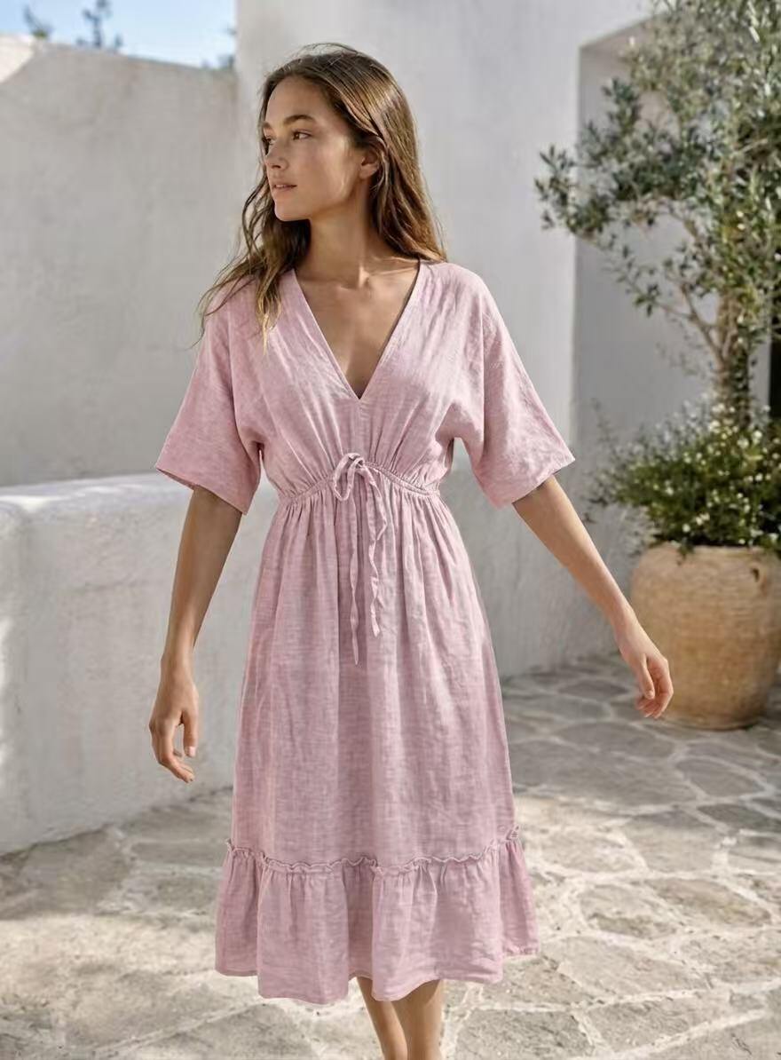 Mayorista Amelé - Vestido largo estilo boho chic en mezcla de lino