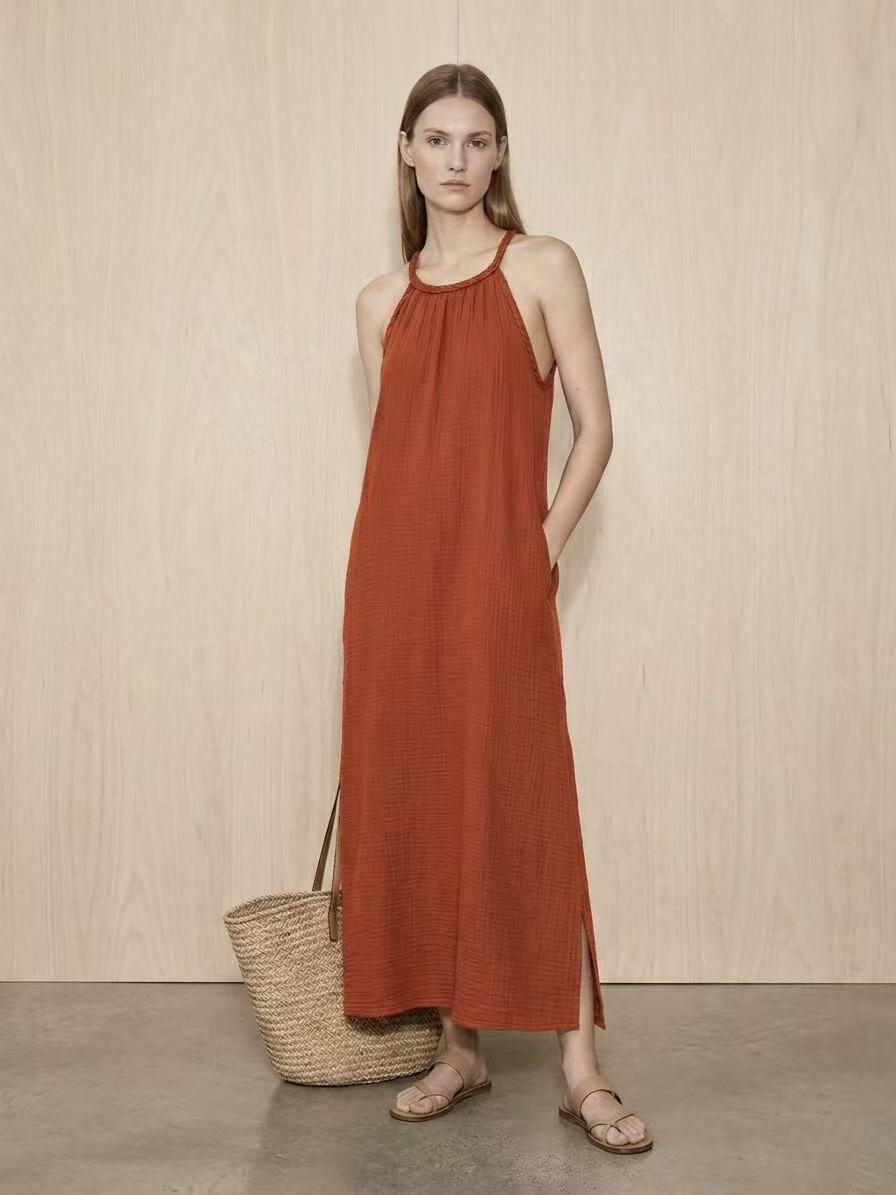 Mayorista Amelé - Vestido maxi halter de algodón efecto arrugado