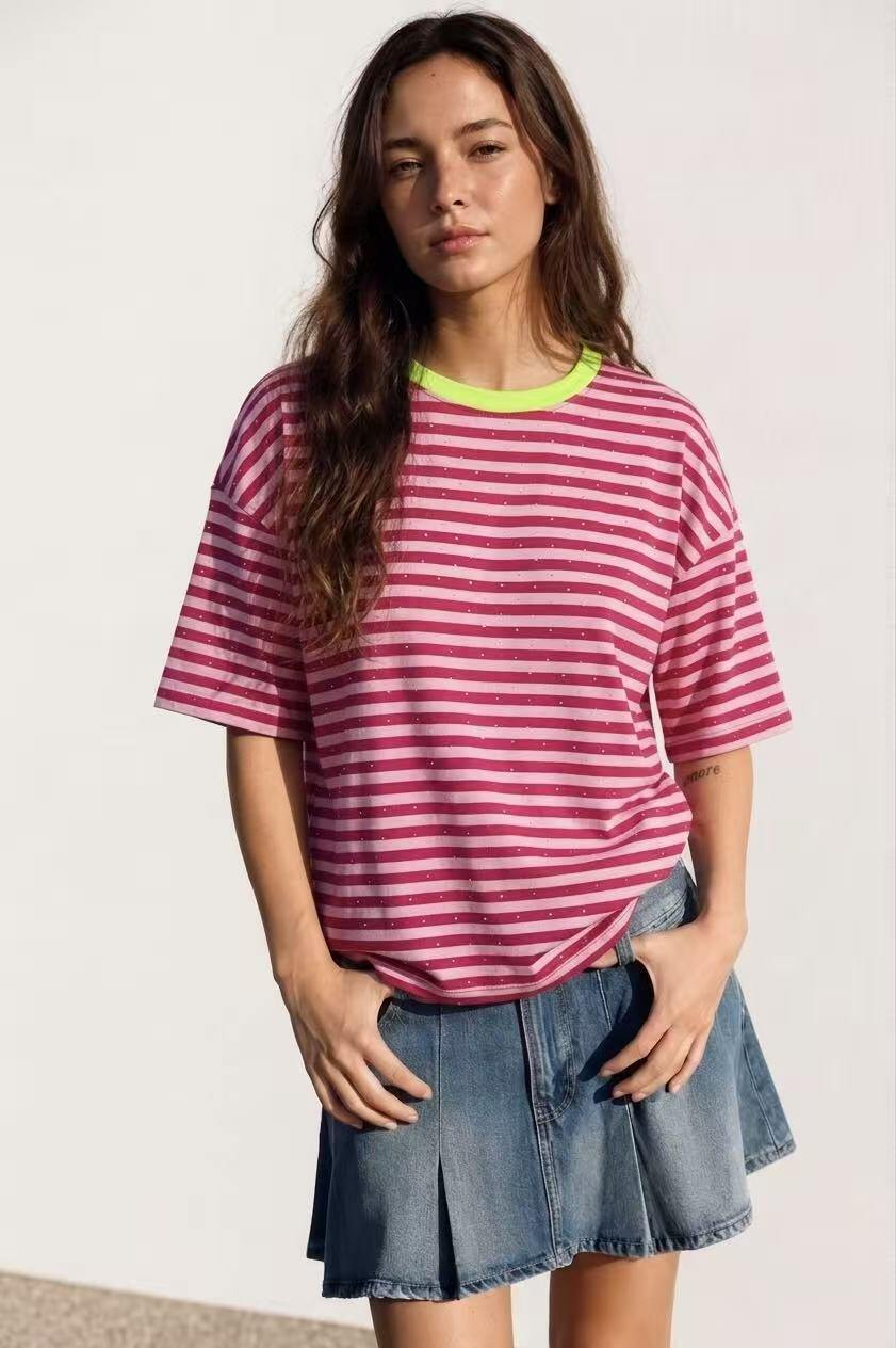 Wholesaler Amelé - Striped T-shirt with All-Over Rhinestones