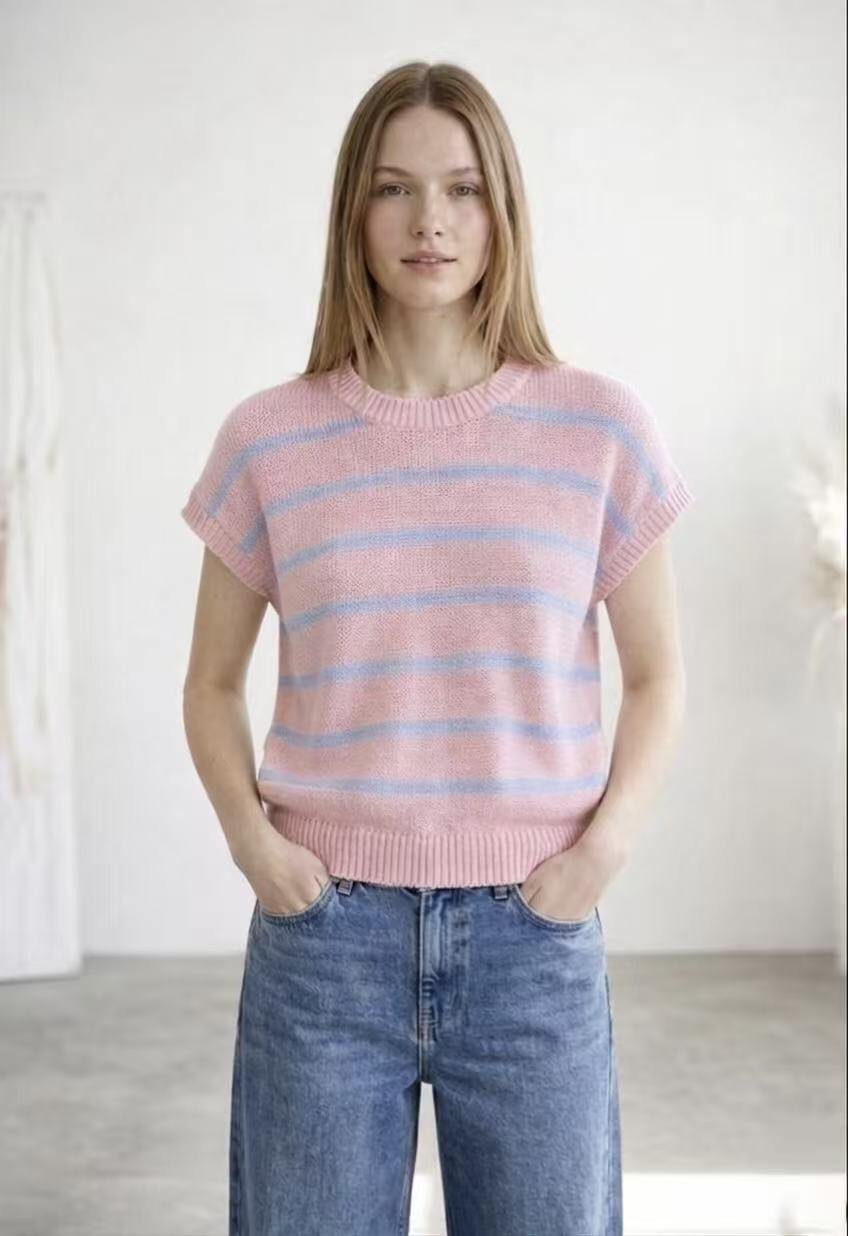 Grossiste Amelé - T-shirt à rayures manches courtes en maille légère