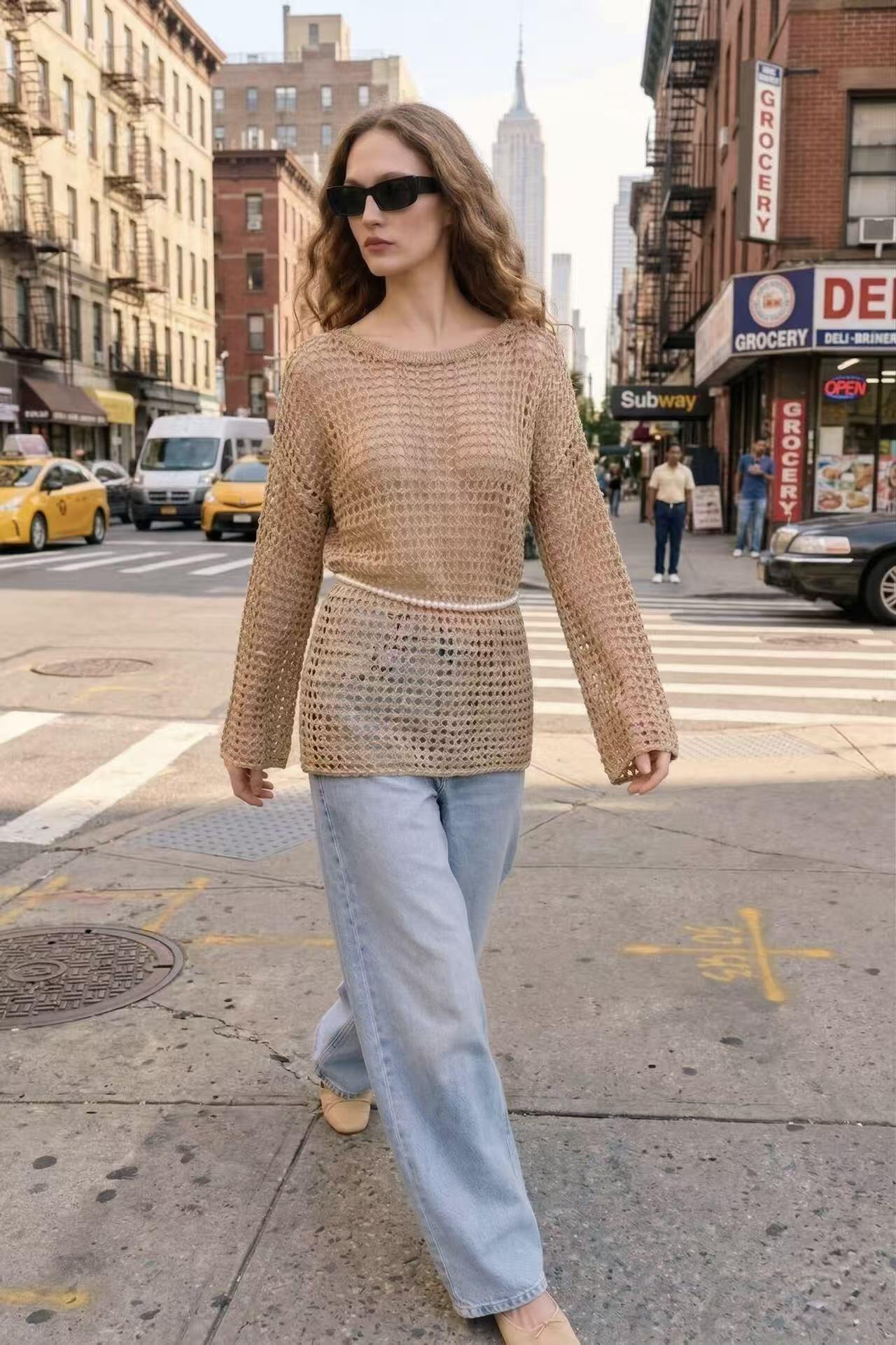 Großhändler Amelé - Lochstrickpullover im Häkel-Look mit entspanntem Schnitt
