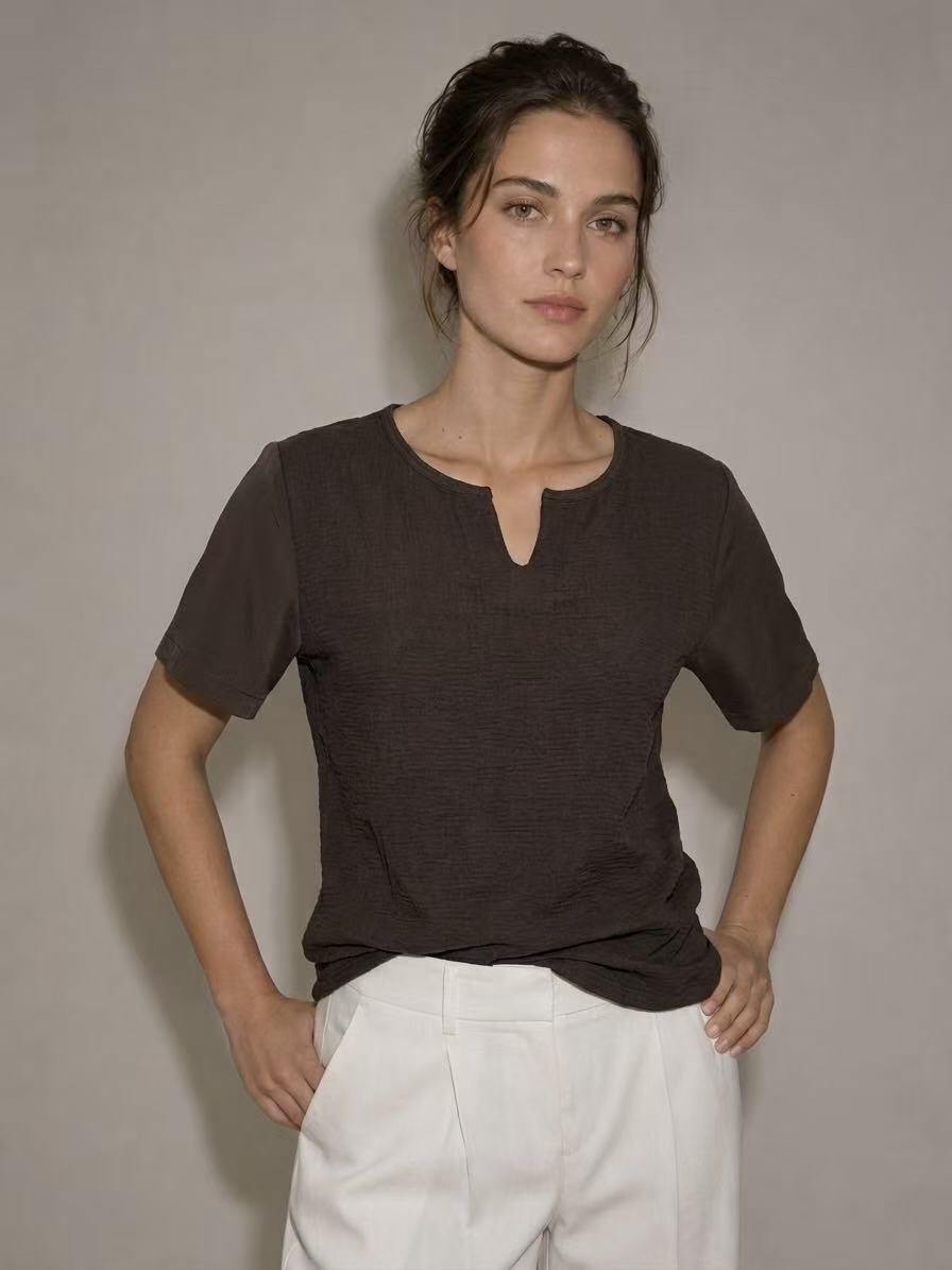 Grossista Amelé - T-shirt in cotone effetto garza con scollo a V