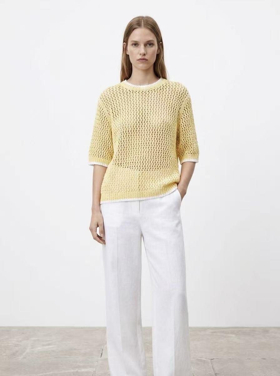 Grossiste Amelé - Pull en maille ajourée avec bordures contrastées