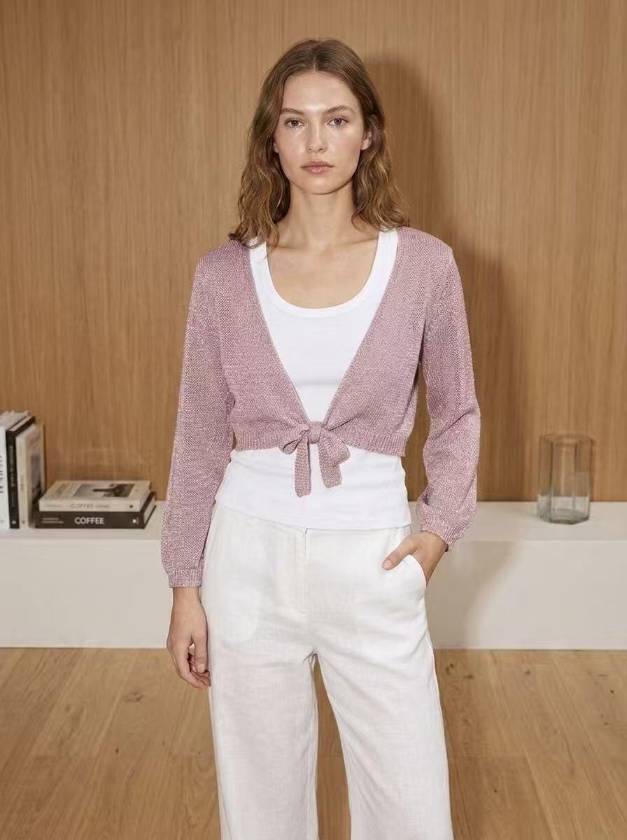 Großhändler Amelé - Kurzer Lurex-Strickcardigan mit Knotenschluss