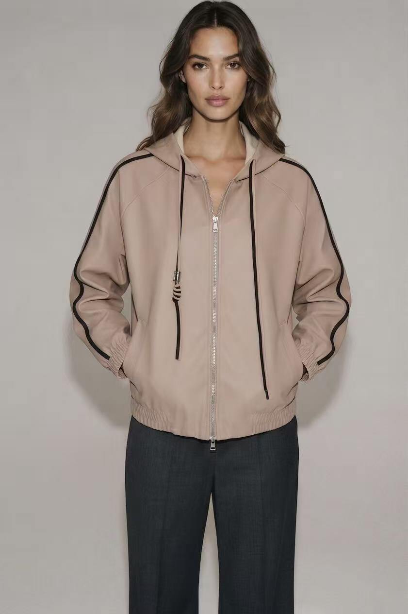 Wholesaler Amelé - Faux leather jacket with hood and contrasting bands